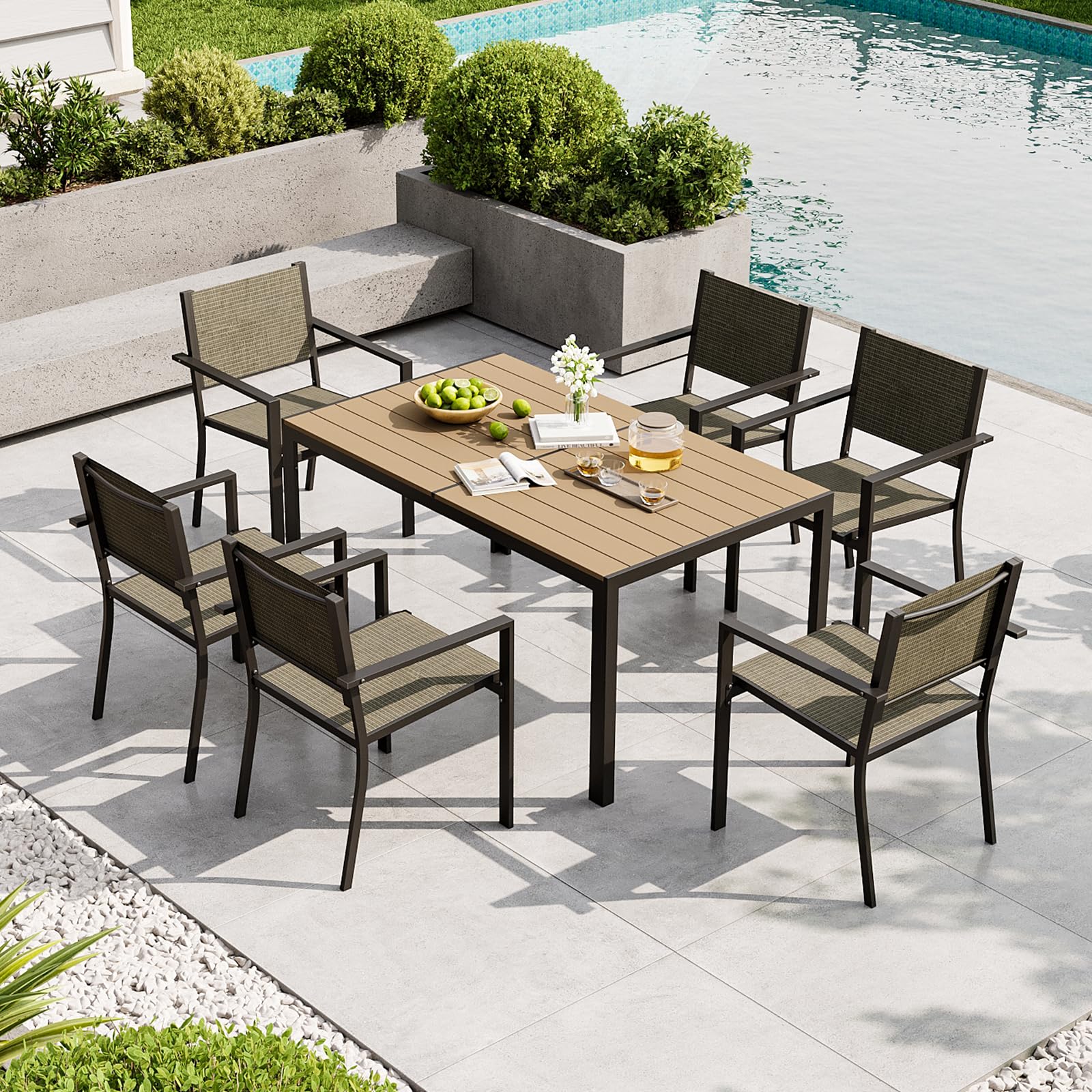 Aoxun 7-Piece Patio Table and Chairs Set for 6, All Weather Outdoor Dining Set with 6 Textilene Chairs and 1 Rectangular Metal Table, Patio Dining Sets for Backyard, Garden and Poolside, Brown