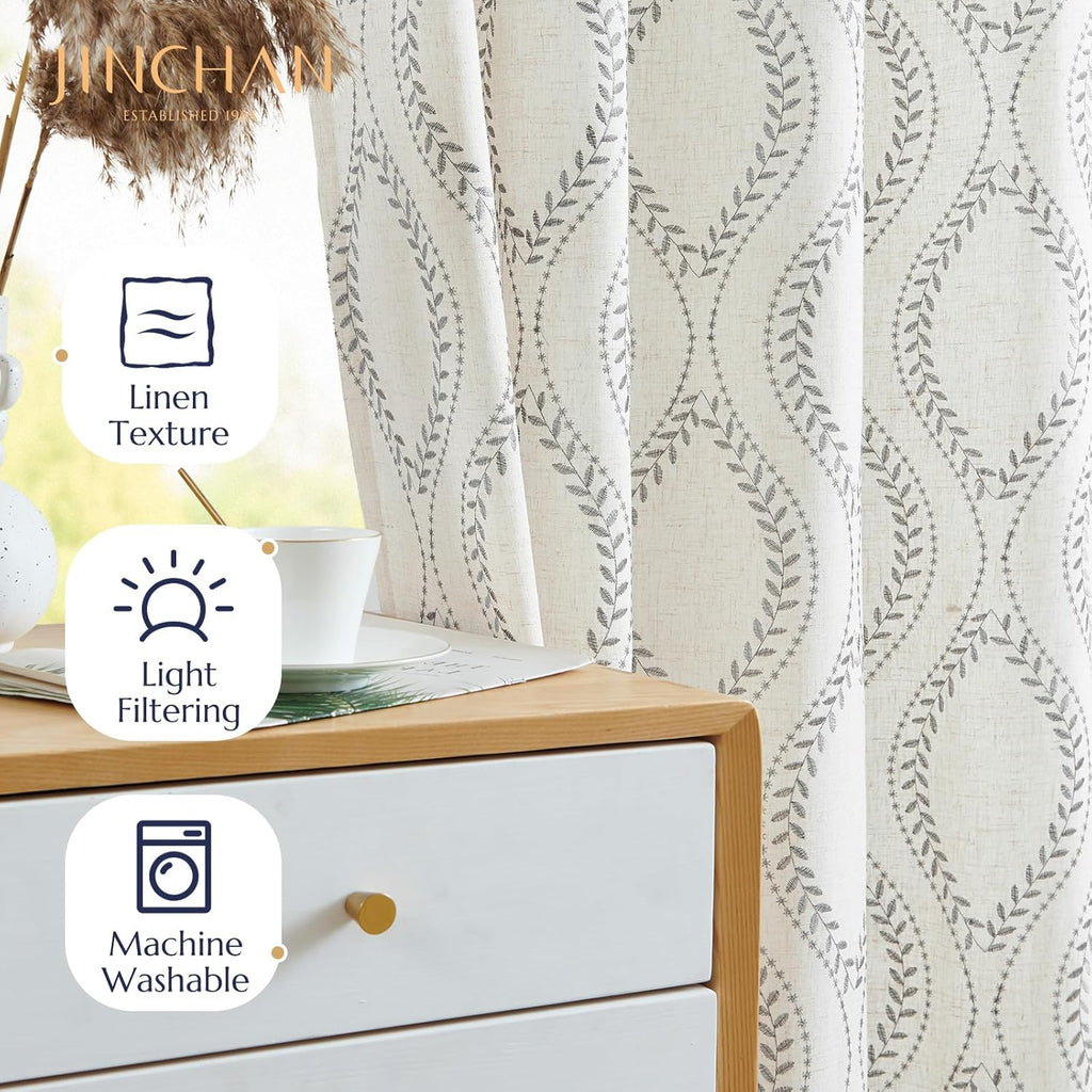 jinchan Boho Linen Blend Curtains Beige Farmhouse Curtains 84 Inches Long Grey Embroidered Leaf Living Room Ogee Geometry Drapes Light Filtering Grommet Country Drapes 2 Panels Gray on Flax