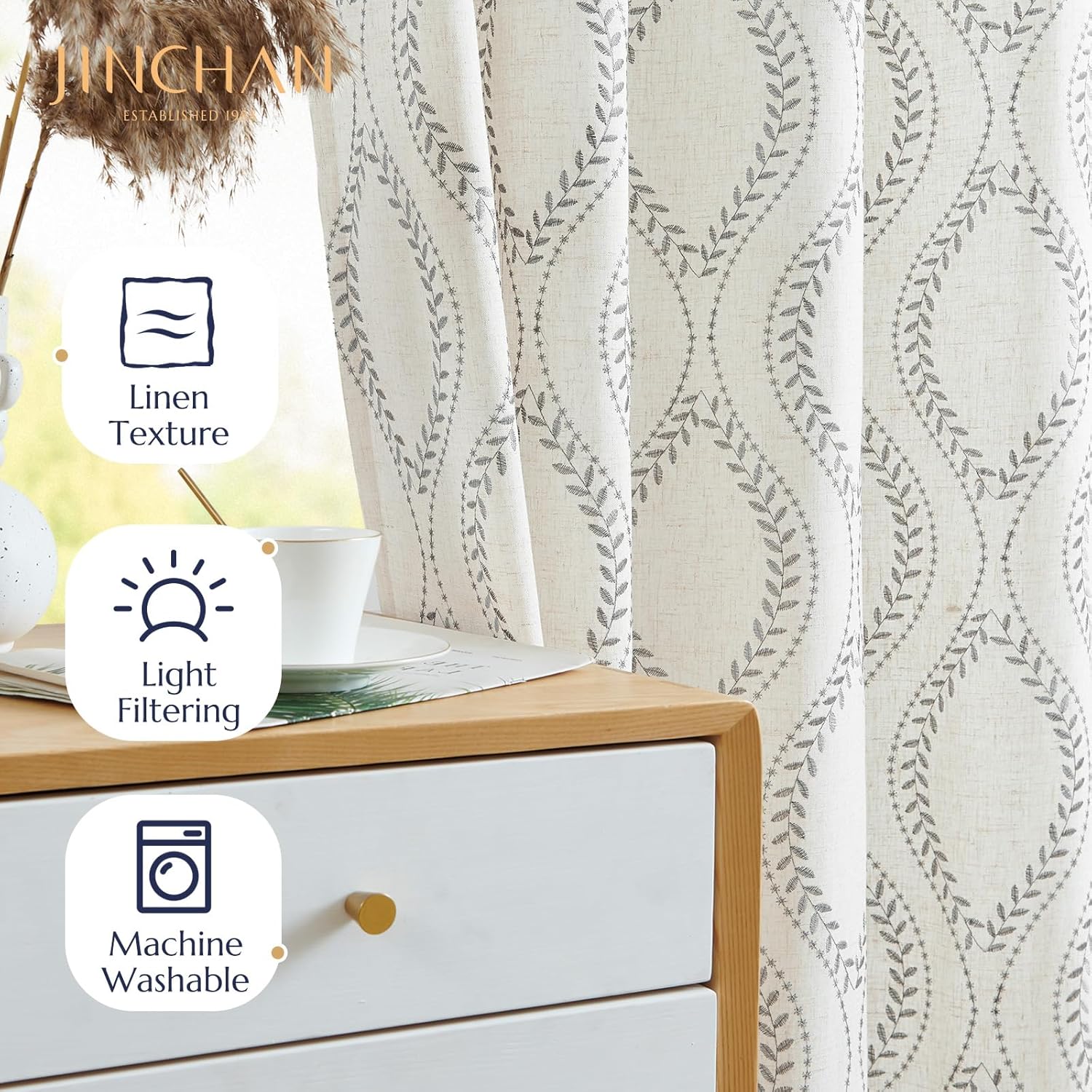 jinchan Boho Linen Blend Curtains Beige Farmhouse Curtains 84 Inches Long Grey Embroidered Leaf Living Room Ogee Geometry Drapes Light Filtering Grommet Country Drapes 2 Panels Gray on Flax
