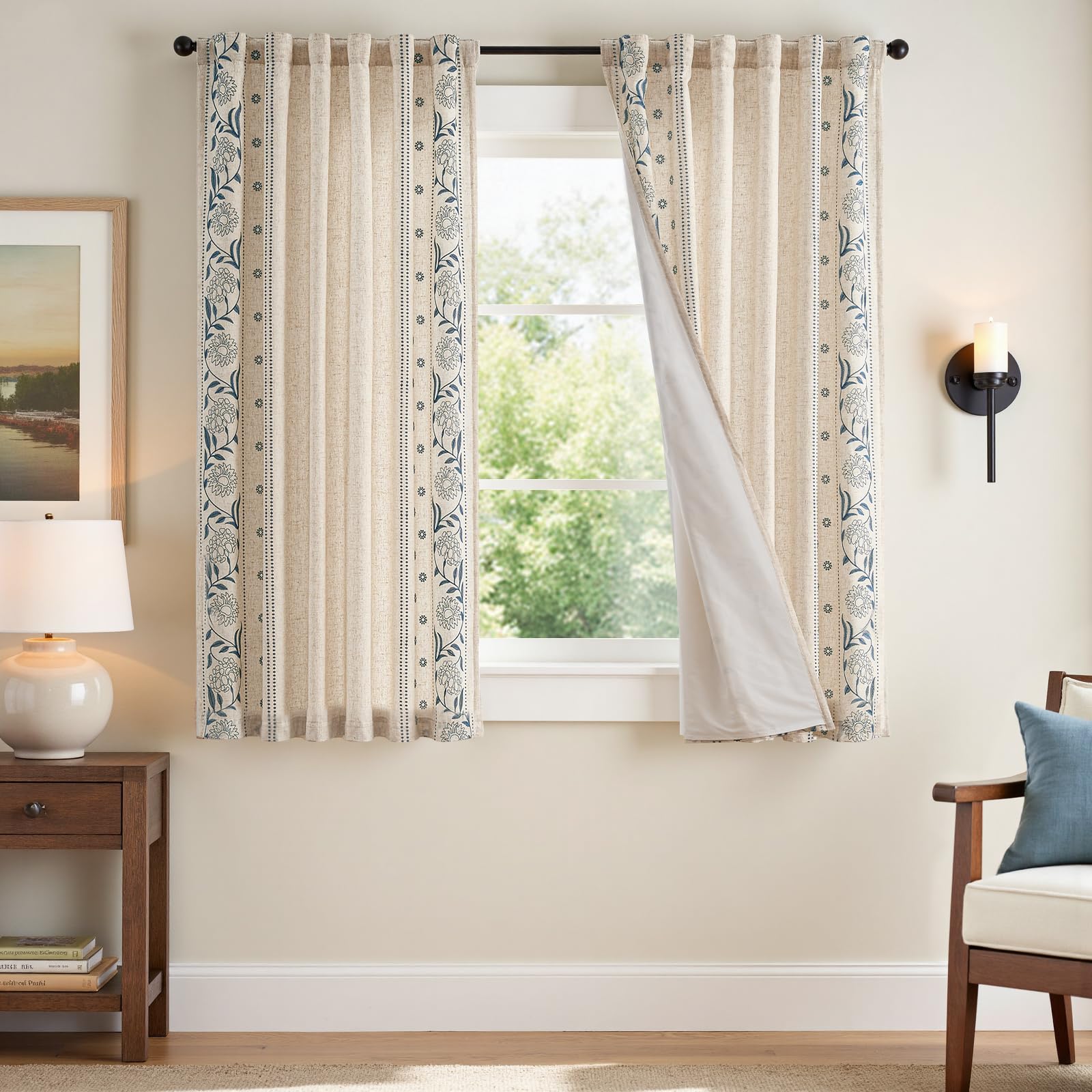jinchan Winslow Linen Curtains for Bedroom 84 Inches Length Embroidered Bordered Floral Curtains for Living Room Farmhouse Decor Light Filtering Window Treatments Ivory on Beige Drapes 2 Panels