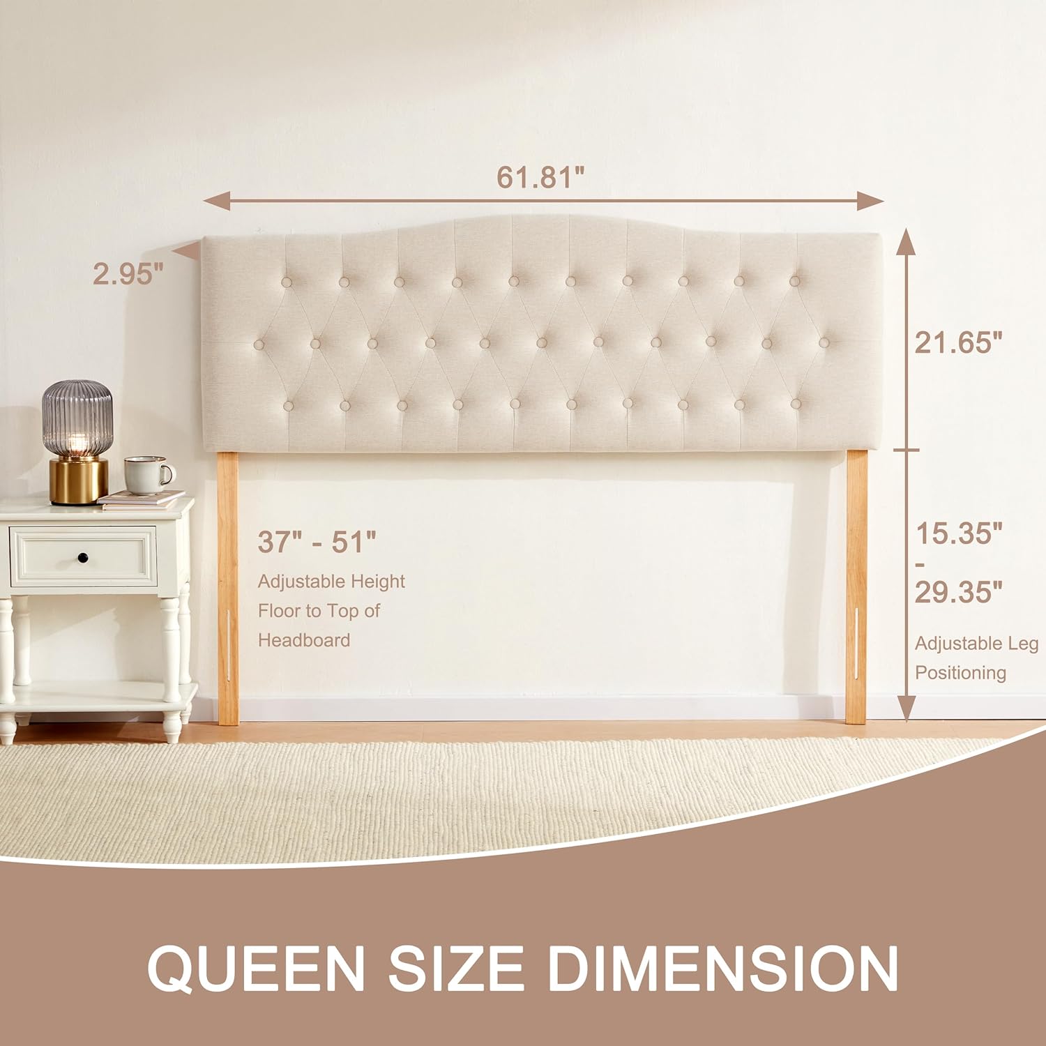 Huatean Home Tufted Upholstered Headboard Queen Size, Sturdy and Durable Solid Wood Bed headboard, Fabric Headboard Adjustable Height from 37” to 51”, Modern Button Diamond Design Head Board, Beige