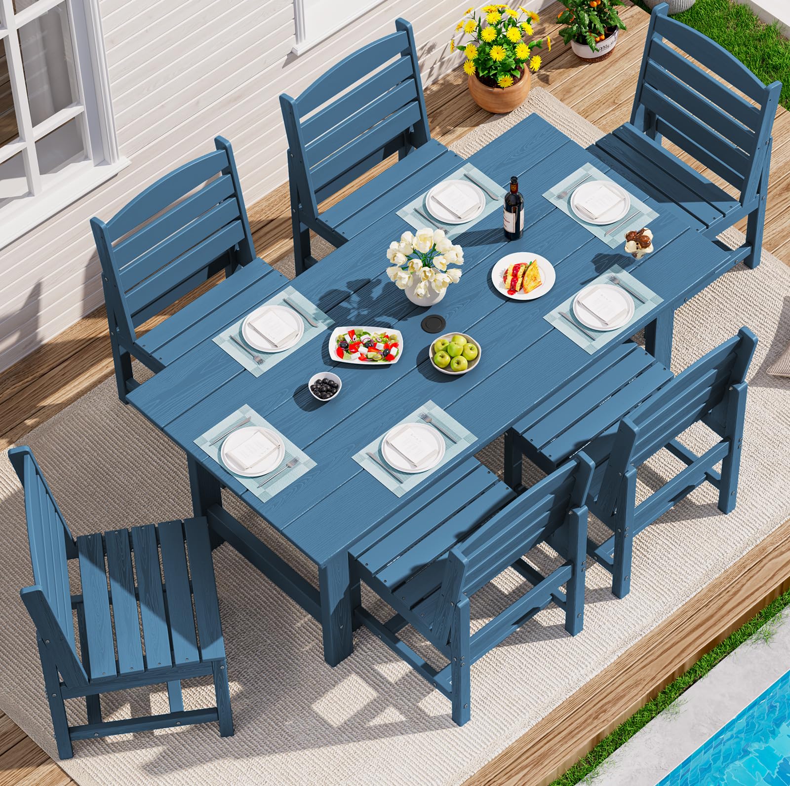 SERWALL 7-Piece Patio Dining Table Sets, Outdoor HDPE Dining Furniture Set with Umbrella Hole Cut-Out Table and 6 Chairs, Blue