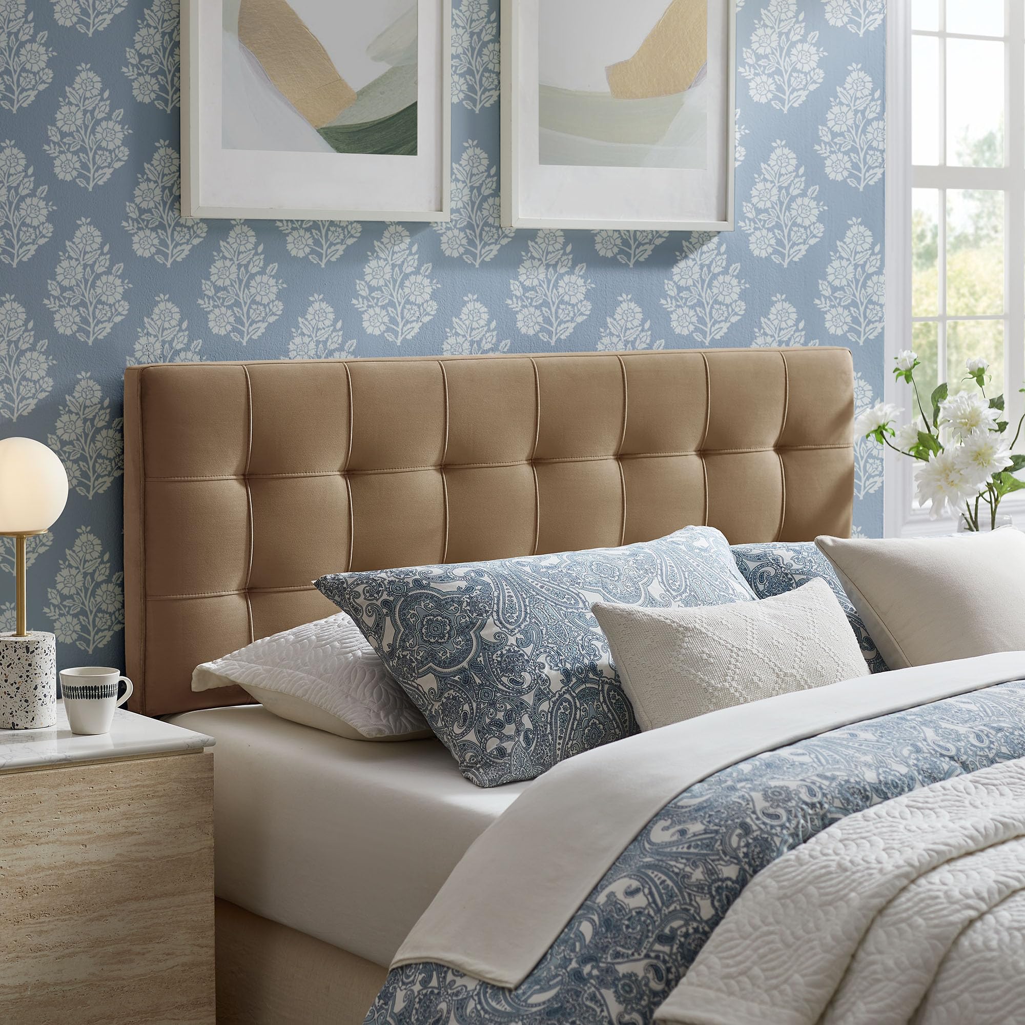 Modway Lily Performance Velvet Full Size Headboard with Biscuit Tufting in Alabaster - Stain-Resistant Upholstery with Padded Design and 5 Height-Adjustable Mounts