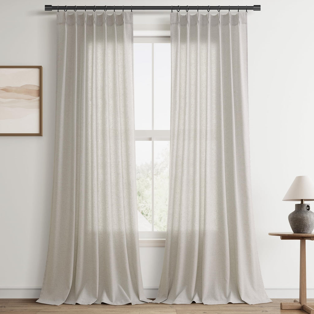 Extra Long Linen Curtains 108 Inch for Living Room Cream Pinch Pleated 9 FT Drapes Semi Sheer Ceiling to Floor Curtain for Bedroom Back Tab Flax Neutral Boho Decor Window, Natural Beige Ivory 2 Panels