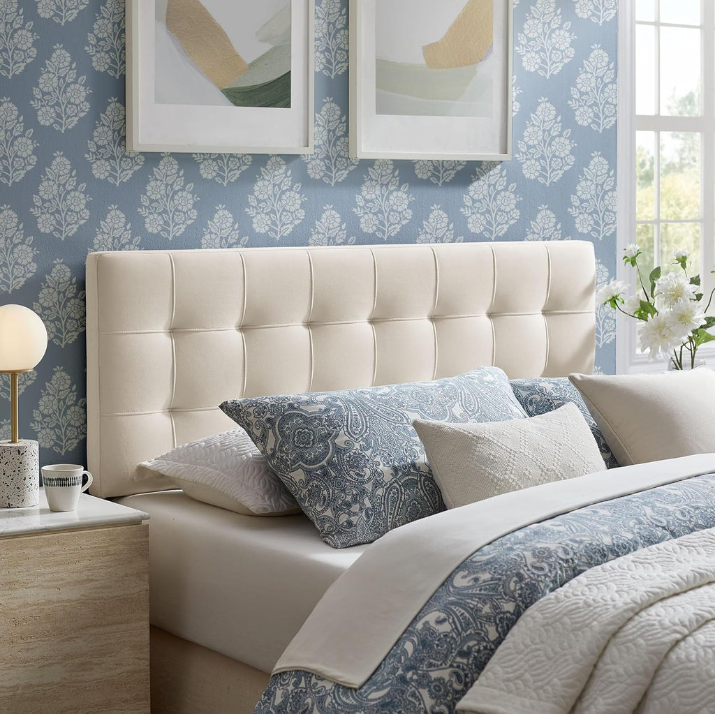 Modway Lily Performance Velvet Full Size Headboard with Biscuit Tufting in Alabaster - Stain-Resistant Upholstery with Padded Design and 5 Height-Adjustable Mounts