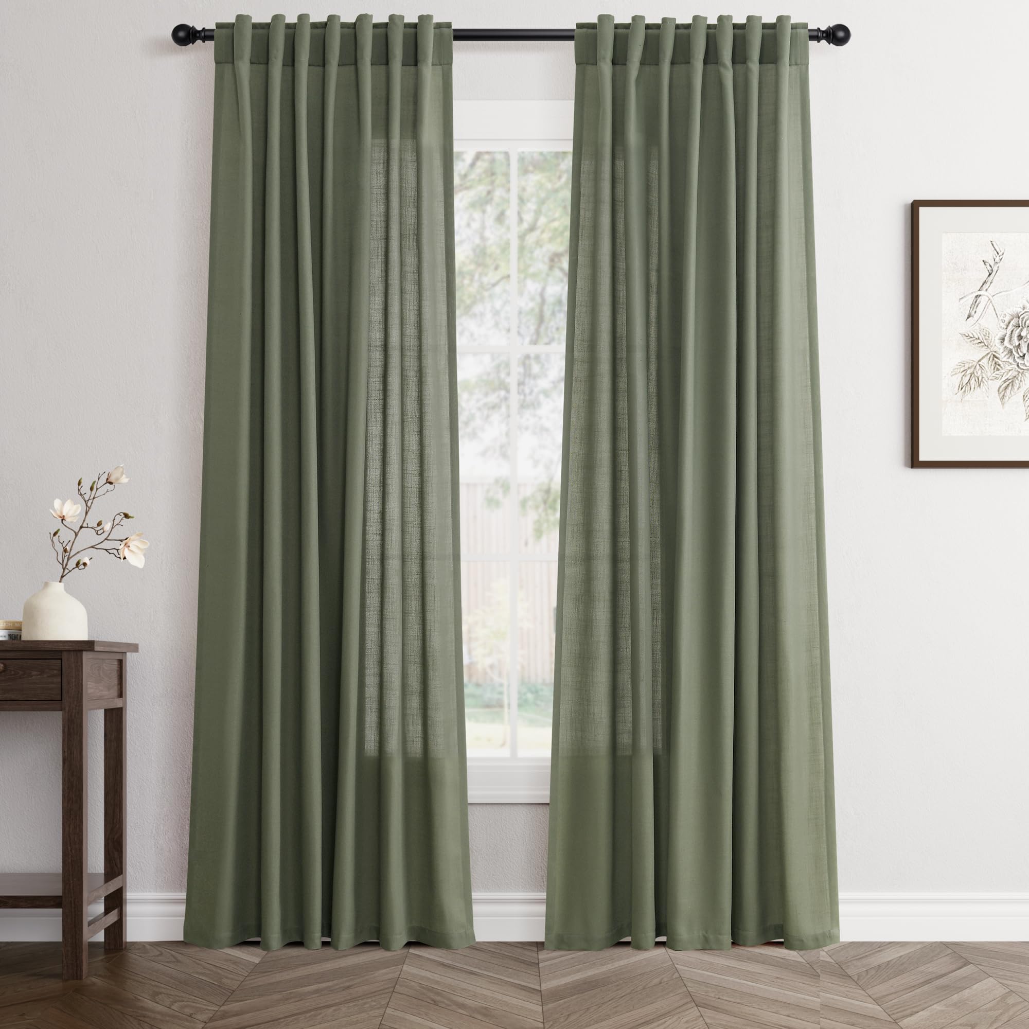 Flax Linen Beige Curtains 96 inches Long 2 Panel for Living Room Back Tab Pocket Drapes Semi Sheer Privacy Khaki Window Curtain Country Rustic Farmhouse Cloth Curtain for Dinning Room Tan