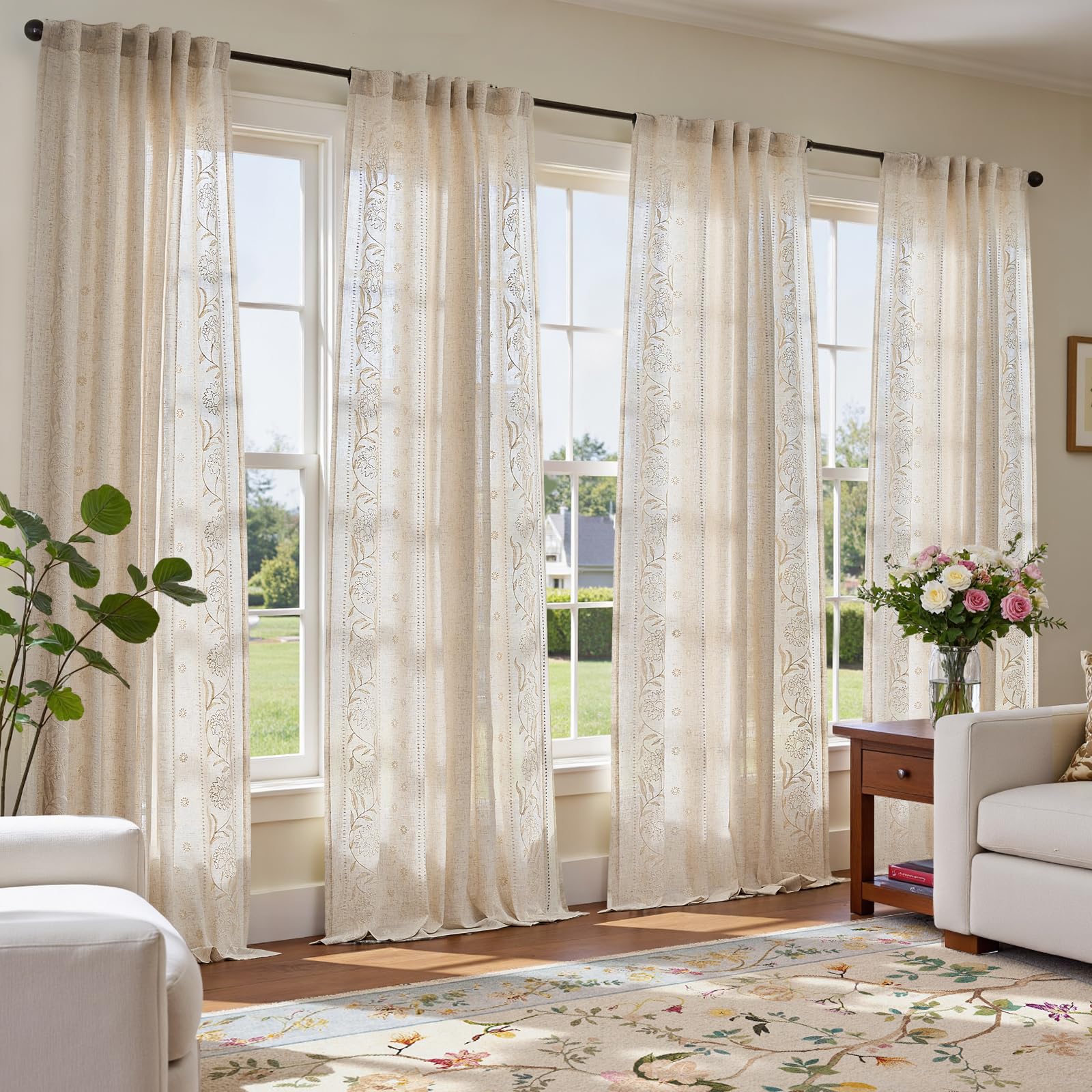 jinchan Winslow Linen Curtains for Bedroom 84 Inches Length Embroidered Bordered Floral Curtains for Living Room Farmhouse Decor Light Filtering Window Treatments Ivory on Beige Drapes 2 Panels