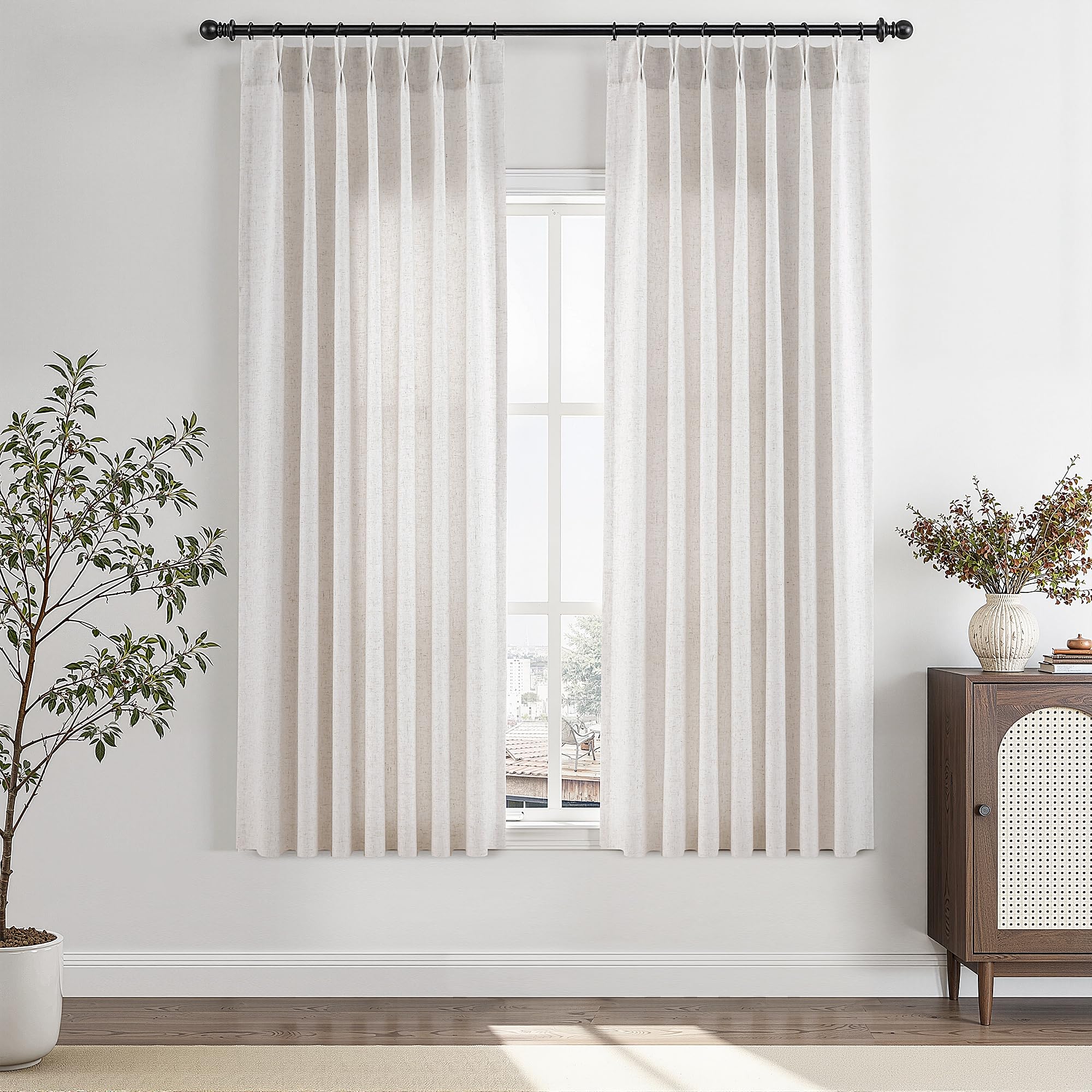 Extra Long Linen Curtains 108 Inch for Living Room Cream Pinch Pleated 9 FT Drapes Semi Sheer Ceiling to Floor Curtain for Bedroom Back Tab Flax Neutral Boho Decor Window, Natural Beige Ivory 2 Panels