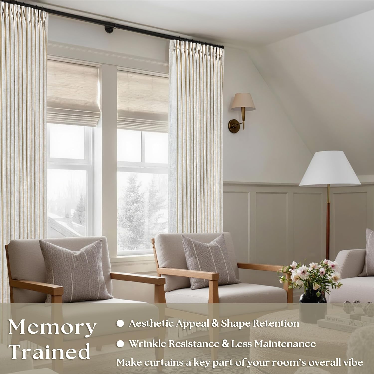 Pinch Pleated Linen Curtains 108 Inches Long for Living Room 2 Panels Set Cream Ivory Flax Double Pleated Drapes Back Tab Neutral Boho Ceiling Floor 108 Inch Window Curtains Bedroom Natural Birch