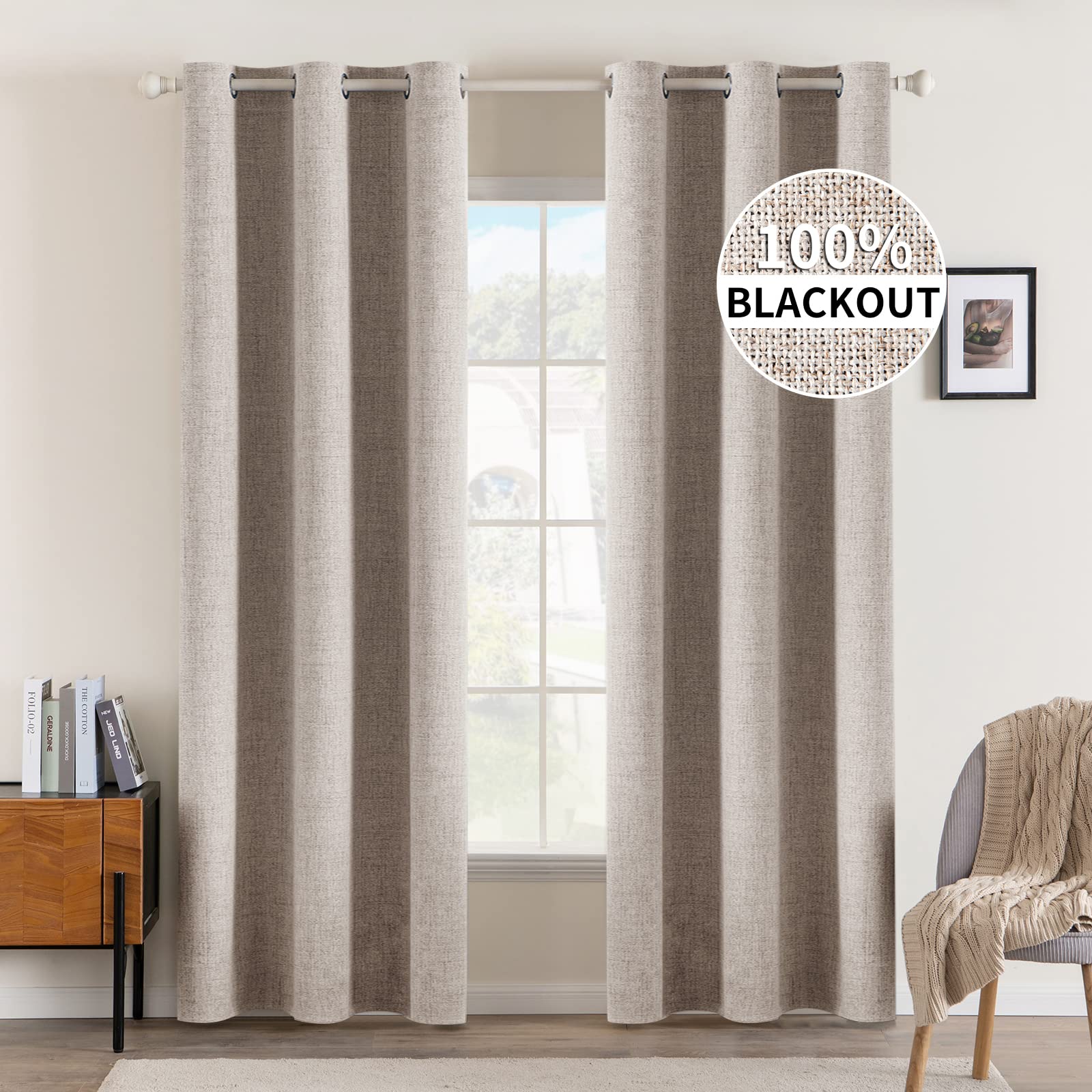MIULEE Linen Texture Curtains for Bedroom Solid 100% Blackout Thermal Insulated Dusty Blue Curtains Grommet Room Darkening Drapes Luxury Decor for Living Room Nursery 52x84 Inch (2 Panels)