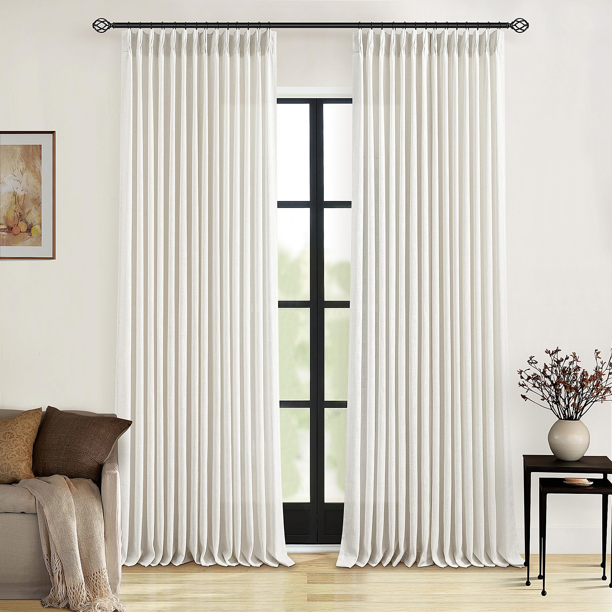 Pinch Pleated Linen Curtains 108 Inches Long for Living Room 2 Panels Set Cream Ivory Flax Double Pleated Drapes Back Tab Neutral Boho Ceiling Floor 108 Inch Window Curtains Bedroom Natural Birch