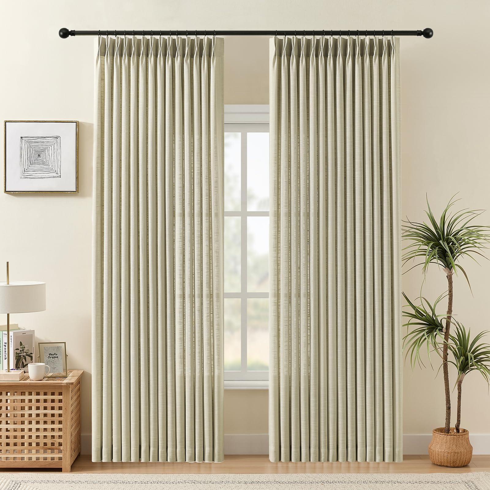 Pinch Pleated Linen Curtains 84 Inch Length 2 Panels Set, Light Filtering Linen Blend Sheer Drapes Memory Trained Pleated Curtain Back Tab with Hooks Rings for Living Room Bedroom, Natural, W40xL84
