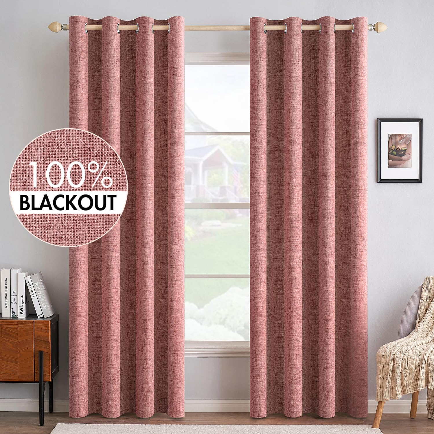 MIULEE 100% Blackout Linen Textured Curtains for Bedroom Solid Thermal Insulated Natural Beige Grommet Room Darkening Curtains & Drapes Luxury Decor for Living Room Nursery 52 x 96 Inch (2 Panels)