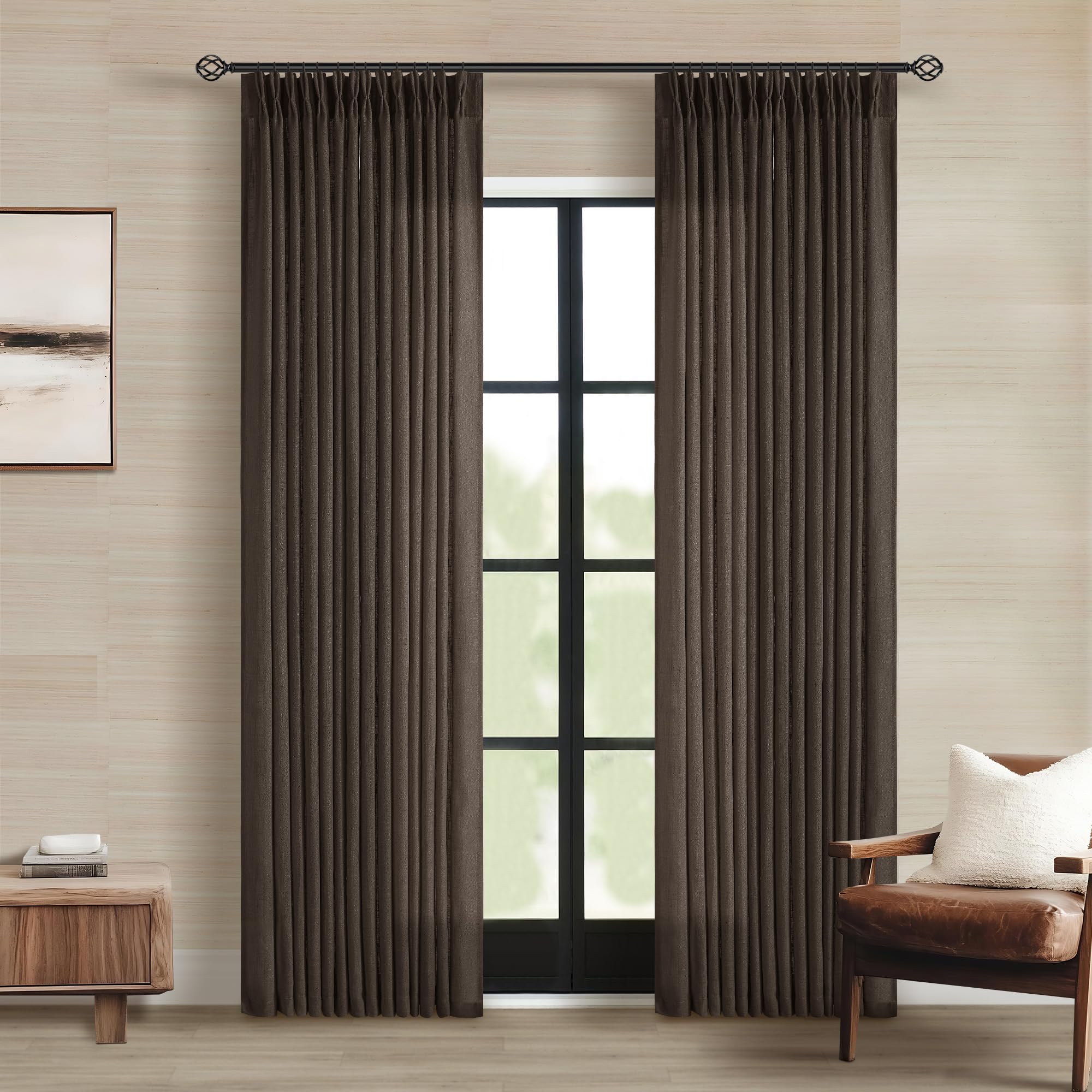 Pinch Pleated Linen Curtains 108 Inches Long for Living Room 2 Panels Set Cream Ivory Flax Double Pleated Drapes Back Tab Neutral Boho Ceiling Floor 108 Inch Window Curtains Bedroom Natural Birch