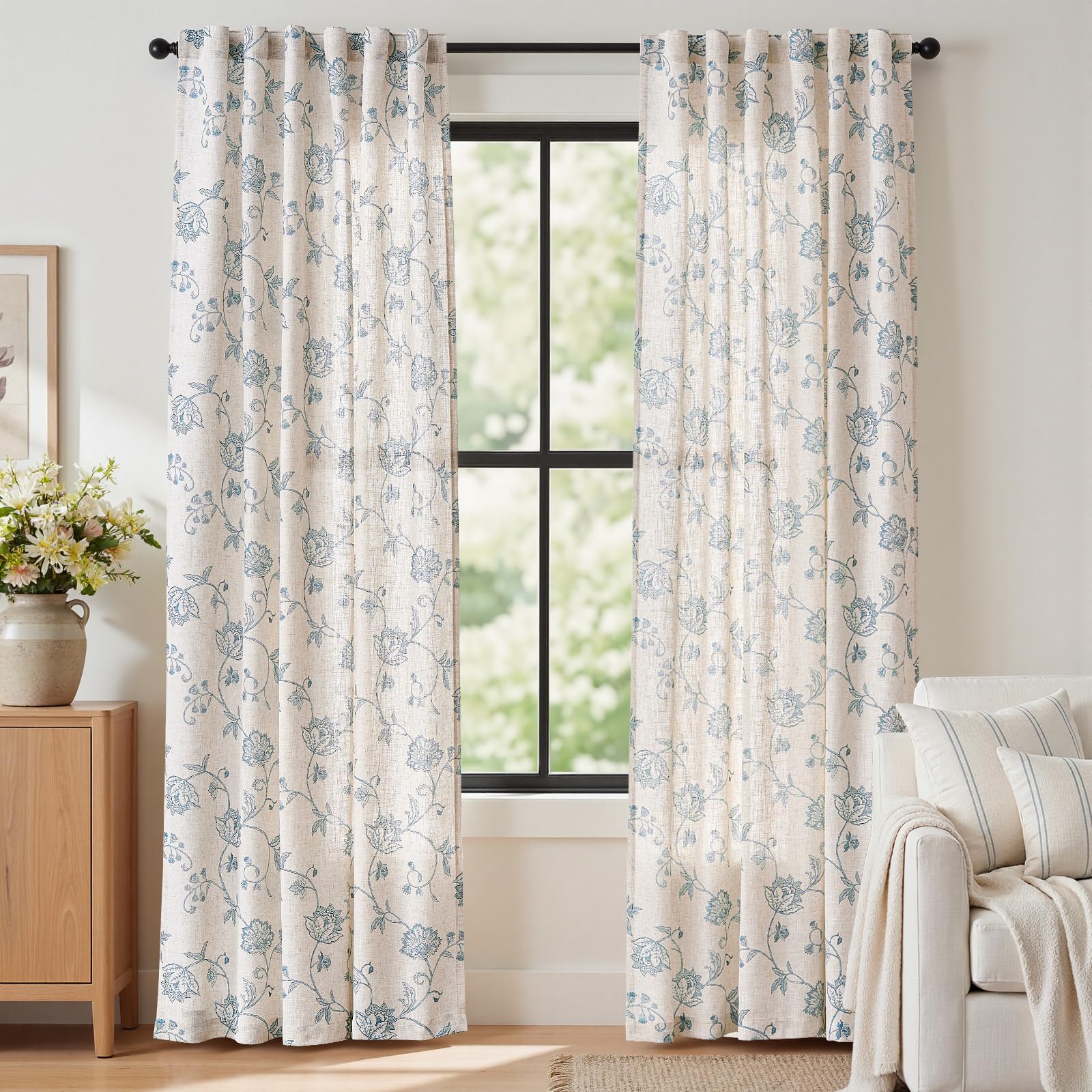 jinchan Linen Floral Curtains for Living Room with Printed Flower 84 Inches Long Light Filtering French Country Back Tab Rod Pocket Taupe Window Curtain Set Farmhouse Drapes 2 Panels Taupe