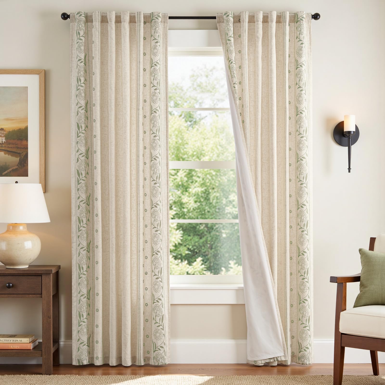 jinchan Winslow Linen Curtains for Bedroom 84 Inches Length Embroidered Bordered Floral Curtains for Living Room Farmhouse Decor Light Filtering Window Treatments Ivory on Beige Drapes 2 Panels