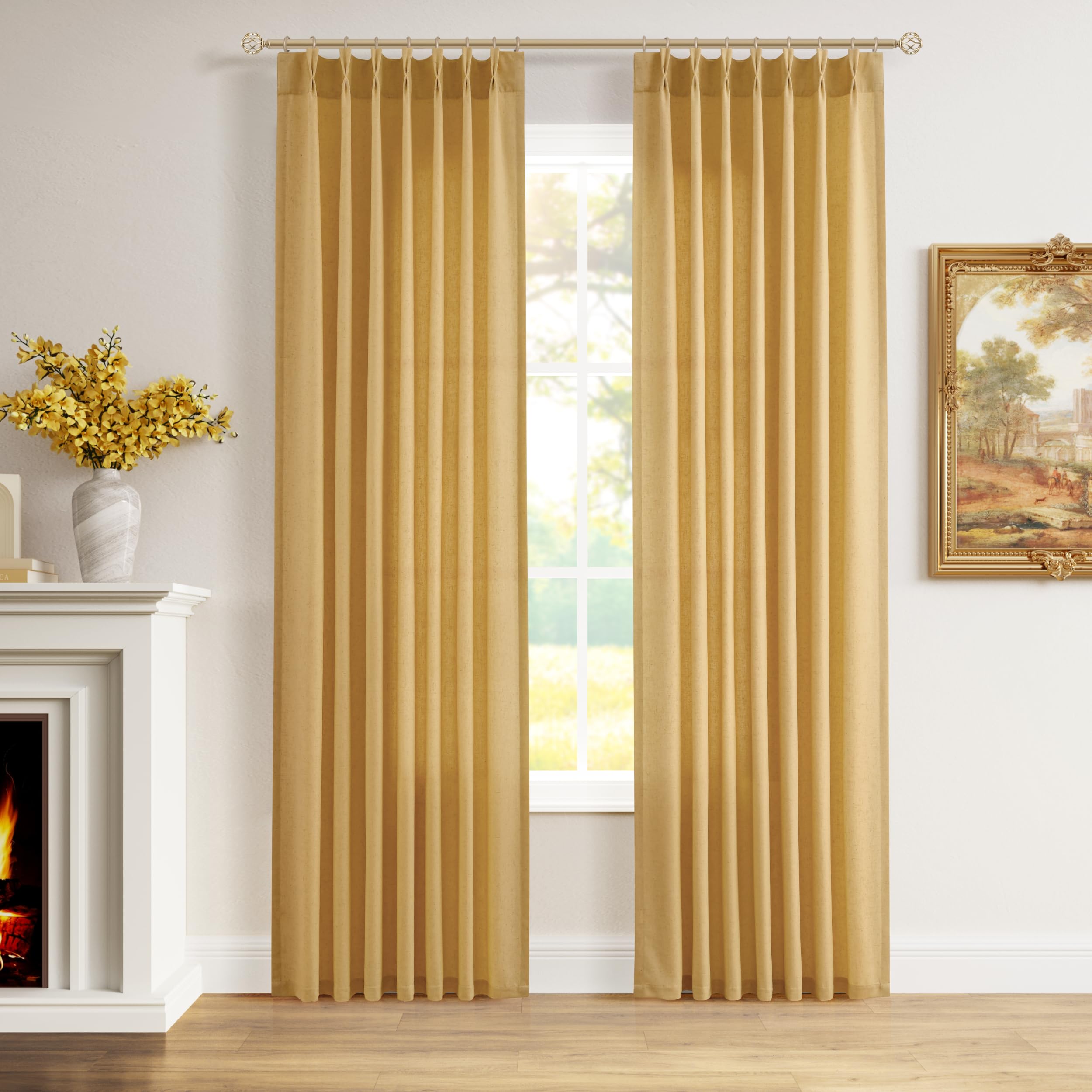 Extra Long Linen Curtains 108 Inch for Living Room Cream Pinch Pleated 9 FT Drapes Semi Sheer Ceiling to Floor Curtain for Bedroom Back Tab Flax Neutral Boho Decor Window, Natural Beige Ivory 2 Panels