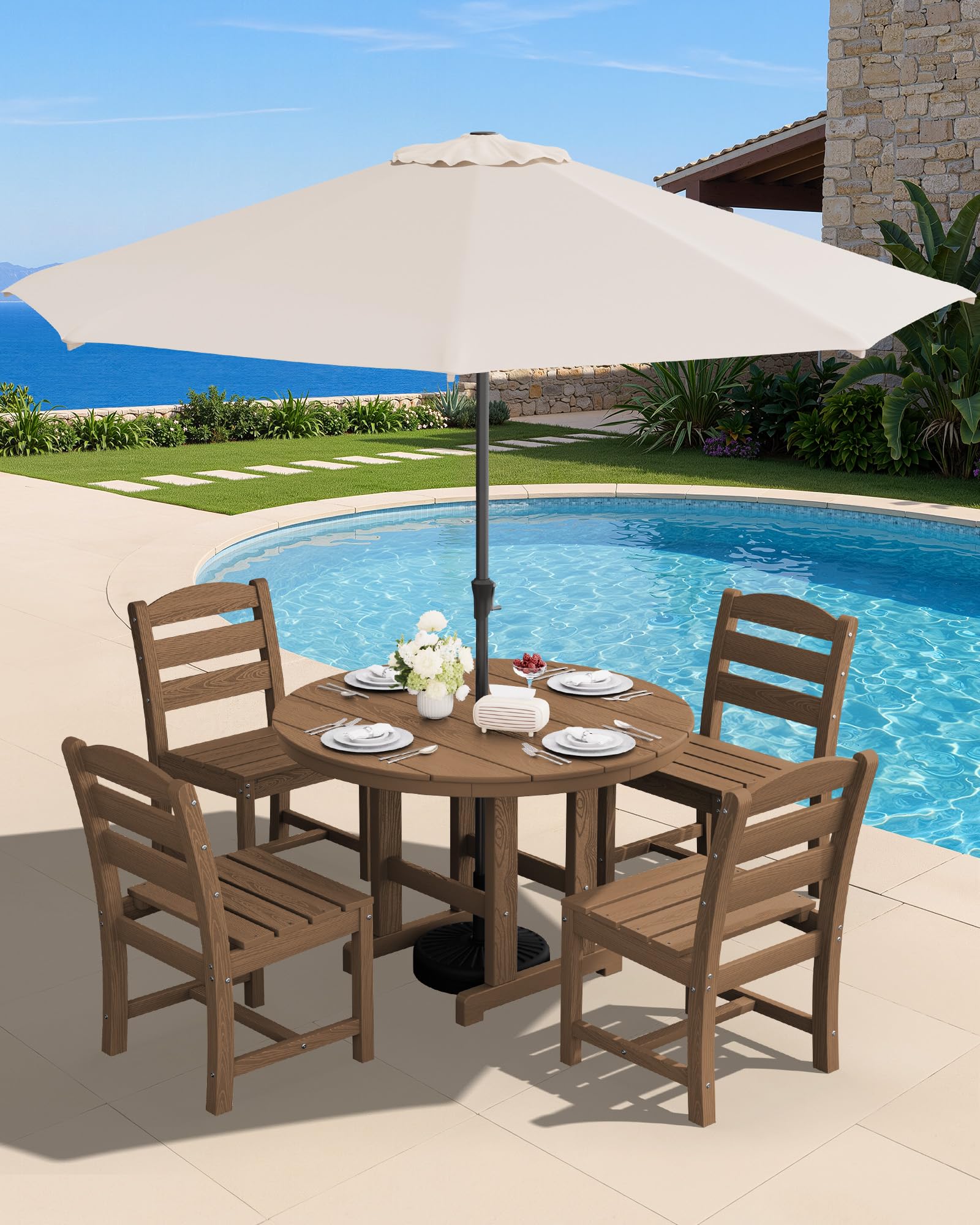 SERWALL 5-Piece Patio Dining Sets, HDPE Outdoor Table and Chairs Furniture Set, 45" Round Dining Table and 4 Dining Chairs, Gray