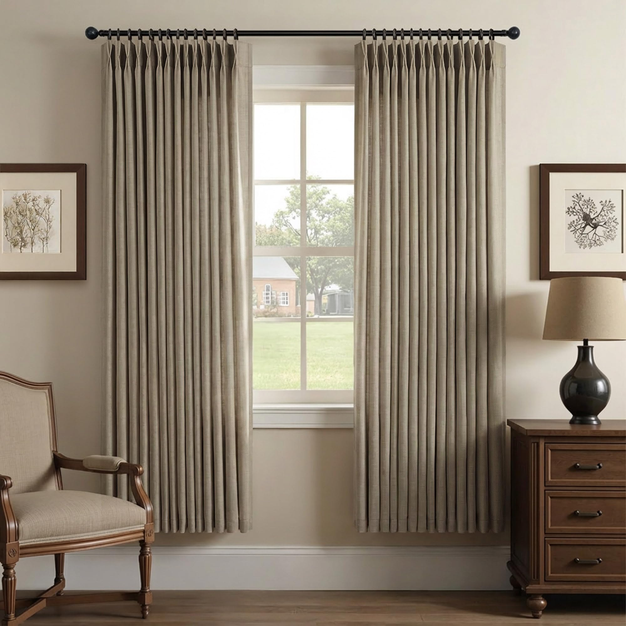 Natural Pinch Pleated Linen Cream Curtains 84 Inch Length 2 Panels for Living Room Bedroom Ivory Semi Sheer Light Filtering Modern Farmhouse Boho Neutral Rustic Long Drapes Back Tab Pleat Hooks Rings