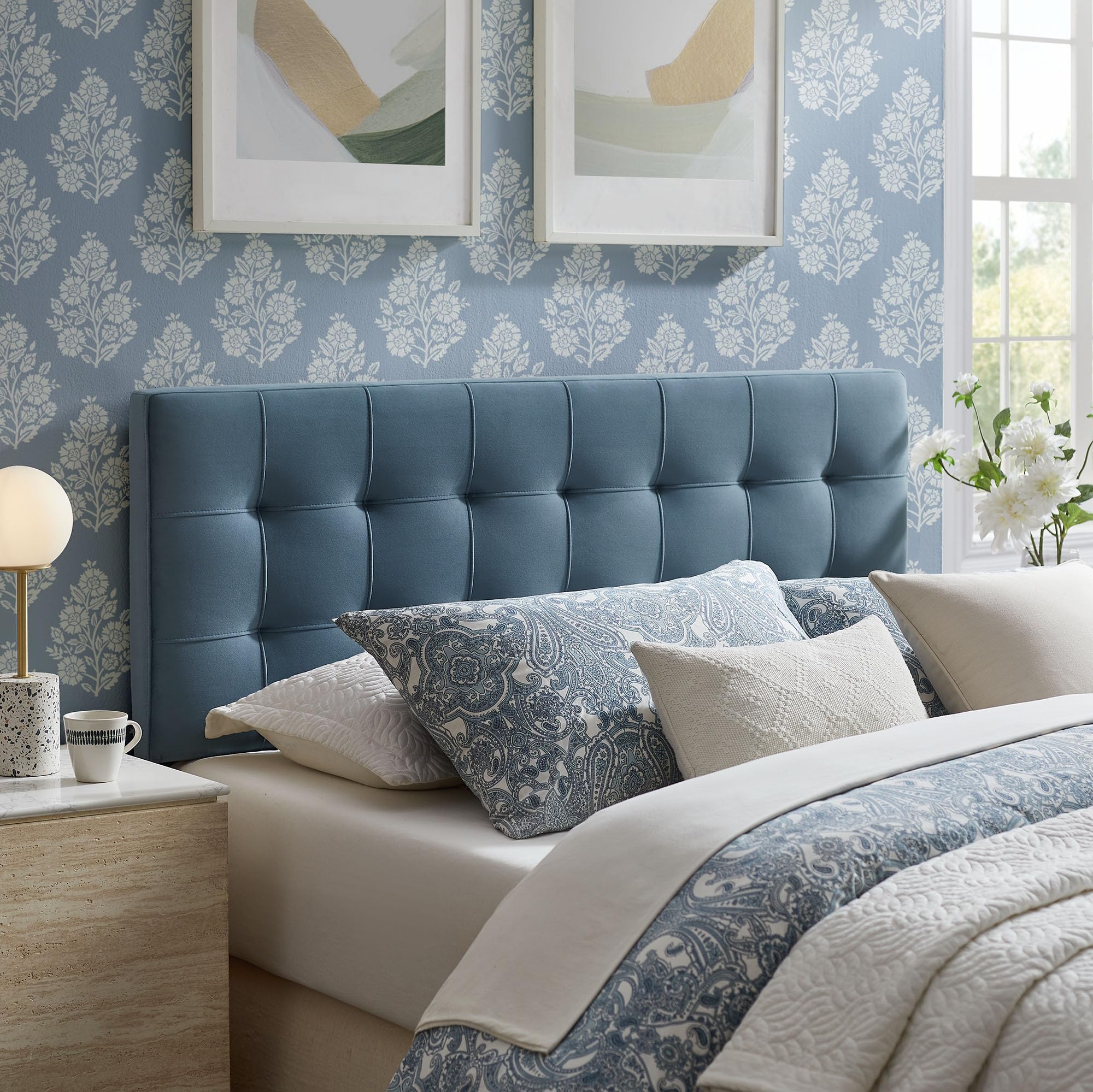 Modway Lily Performance Velvet Full Size Headboard with Biscuit Tufting in Alabaster - Stain-Resistant Upholstery with Padded Design and 5 Height-Adjustable Mounts