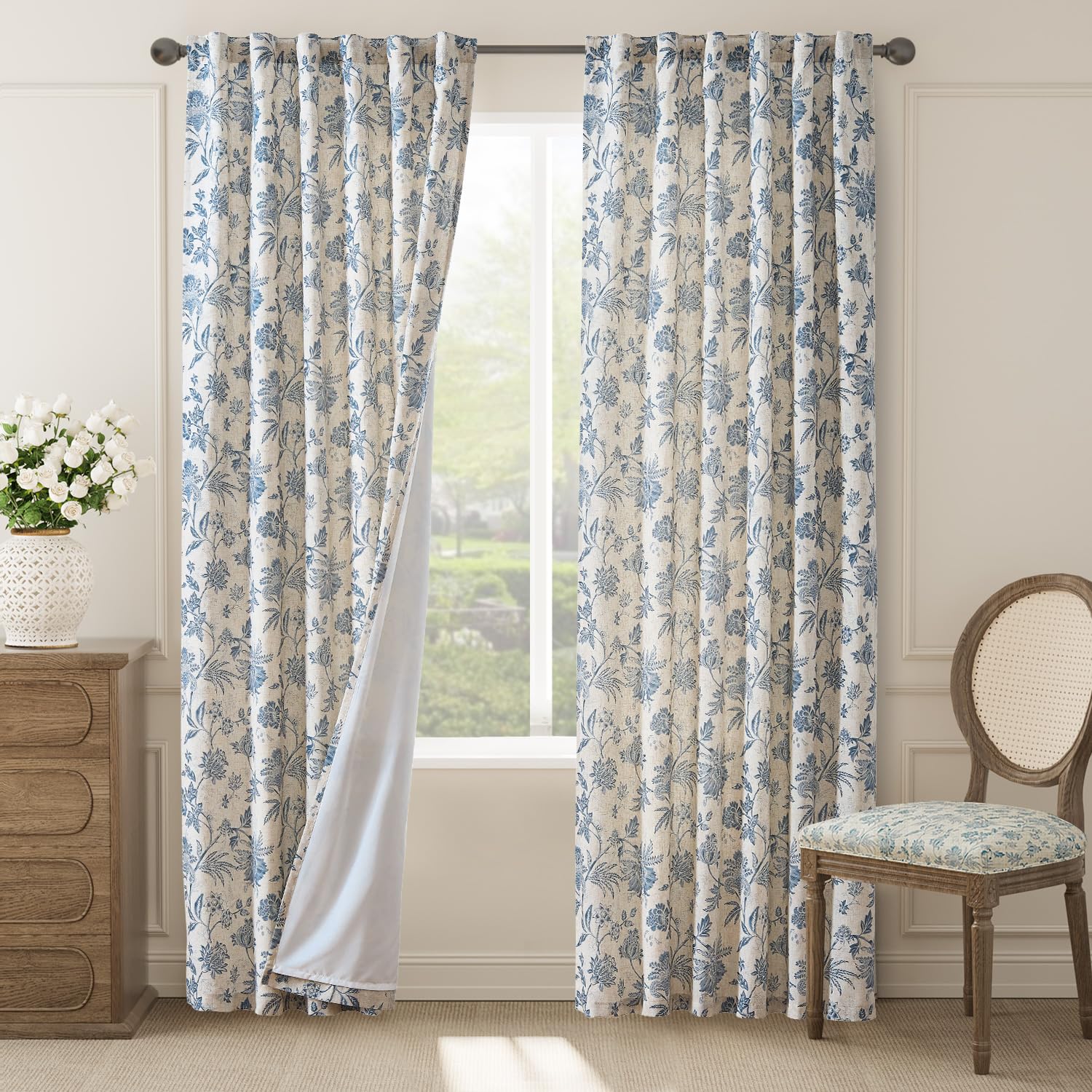 jinchan Linen Floral Curtains for Living Room with Printed Flower 84 Inches Long Light Filtering French Country Back Tab Rod Pocket Taupe Window Curtain Set Farmhouse Drapes 2 Panels Taupe