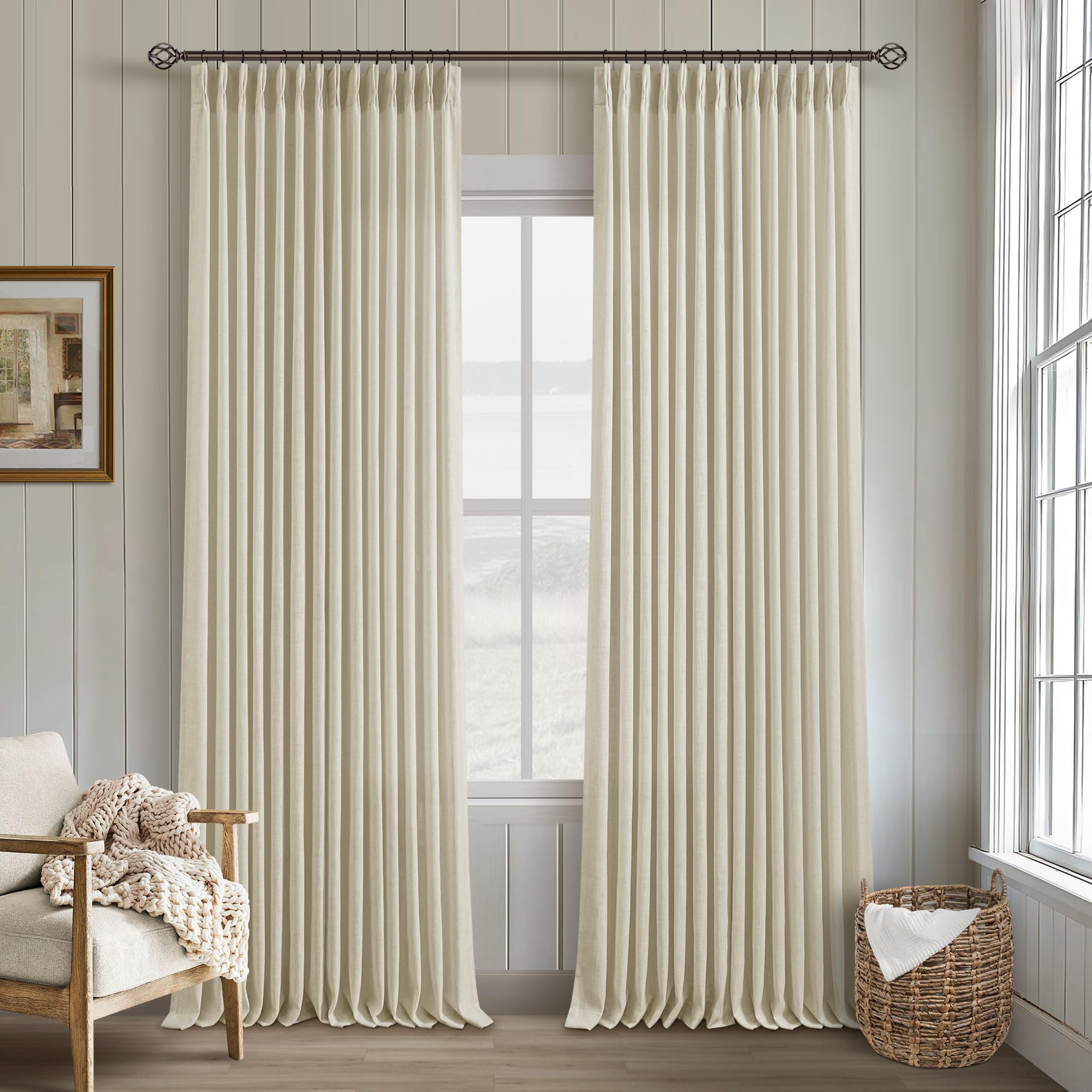 Pinch Pleated Linen Curtains 108 Inches Long for Living Room 2 Panels Set Cream Ivory Flax Double Pleated Drapes Back Tab Neutral Boho Ceiling Floor 108 Inch Window Curtains Bedroom Natural Birch