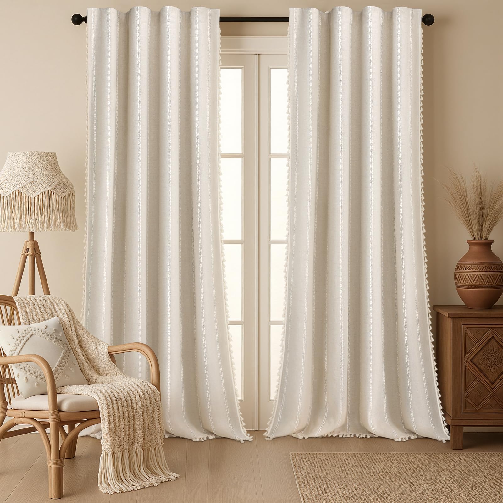 Boho Blackout Curtains 2 Panels 84 Inch for Living Room Bedroom, Beige Linen Texture Farmhouse Curtains with Tassels and Cotton Embroidery Vintage Rustic Western Rod Pocket
