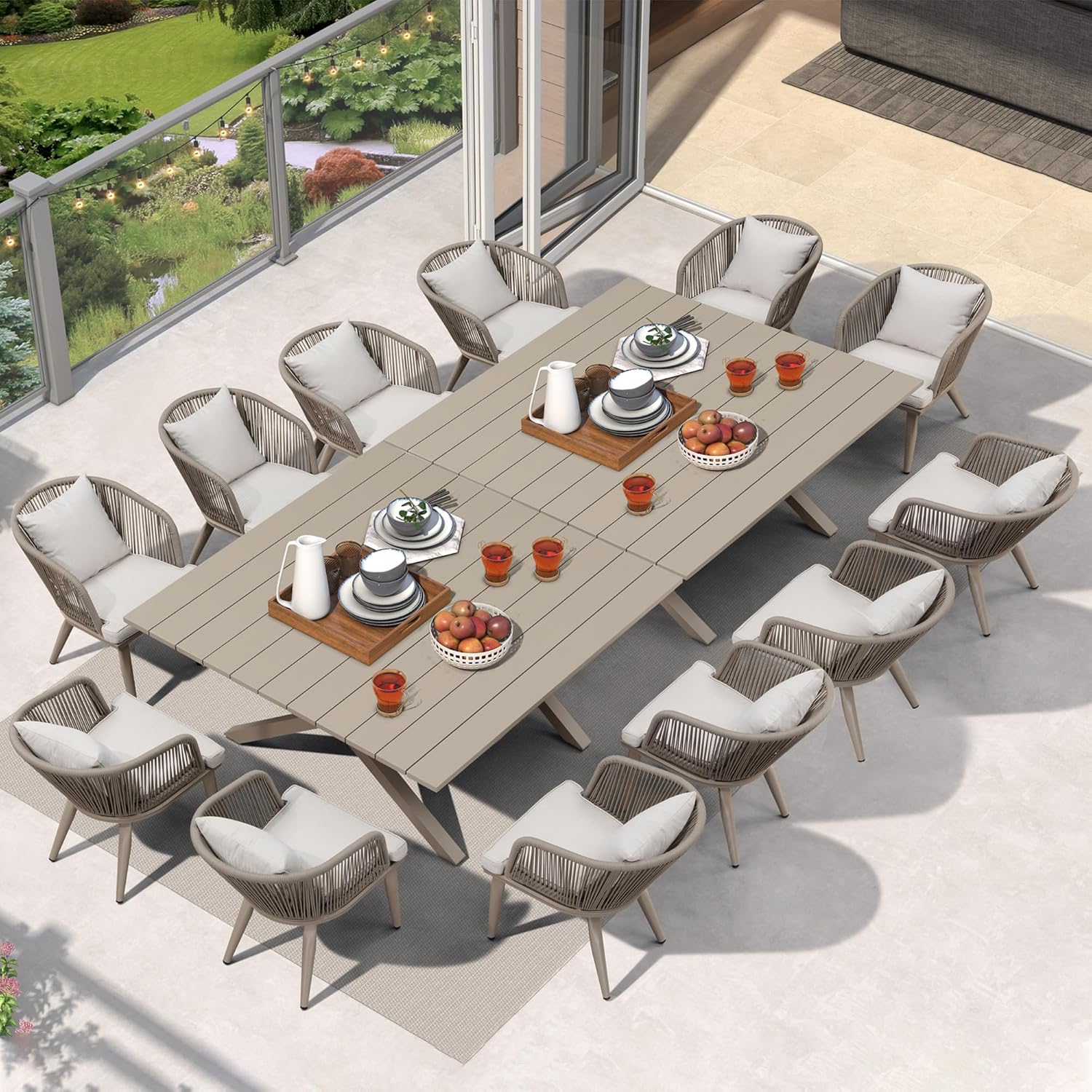 PURPLE LEAF 9 Pieces Patio Dining Set Wicker Outdoor Furniture Rectangular Table and Chairs Set for Garden Deck Teak-Finish Aluminum Frame Backyard Kitchen Set, Cushions and Pillows Included