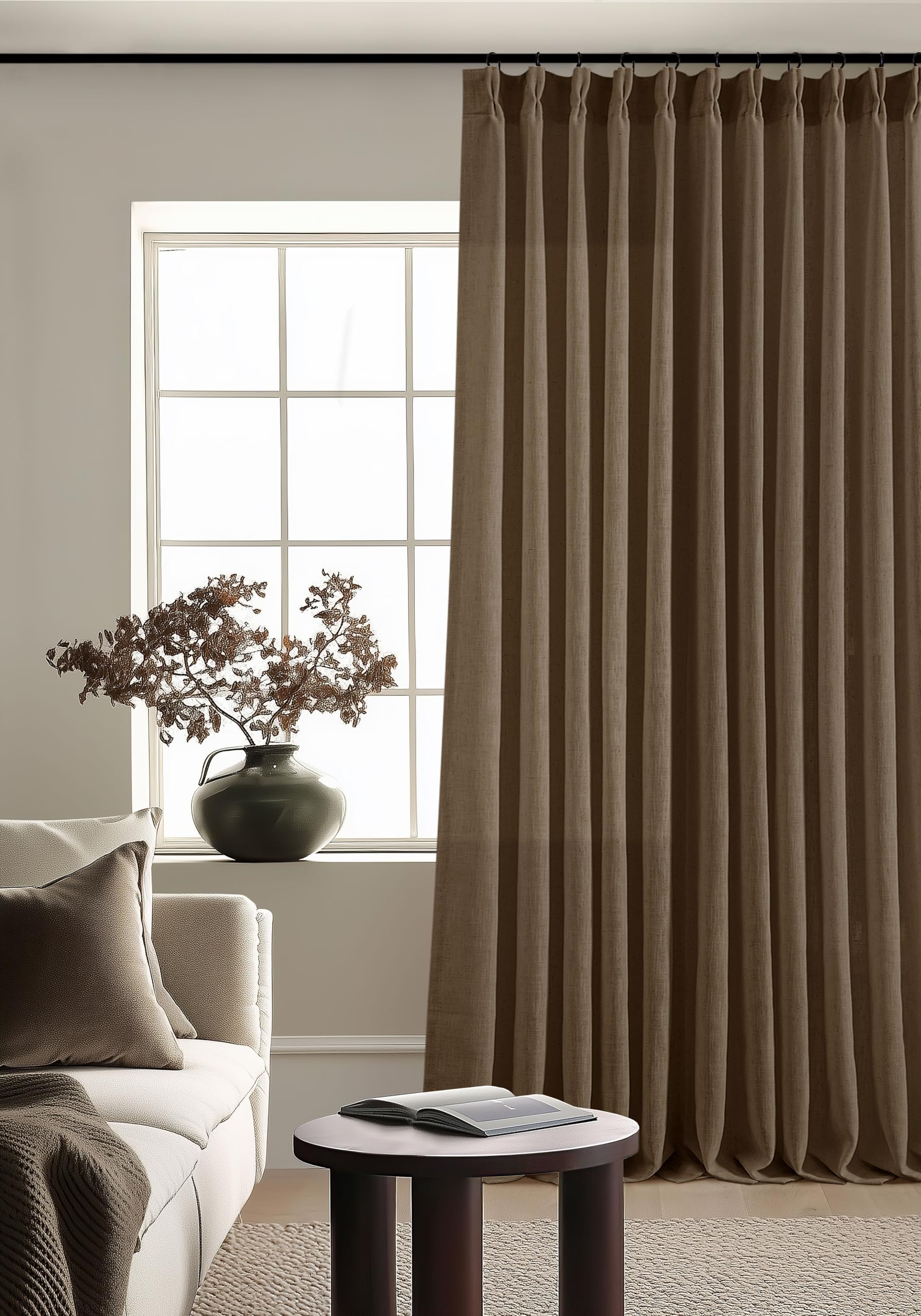 Pinch Pleated Linen Curtains 108 Inches Long for Living Room 2 Panels Set Cream Ivory Flax Double Pleated Drapes Back Tab Neutral Boho Ceiling Floor 108 Inch Window Curtains Bedroom Natural Birch