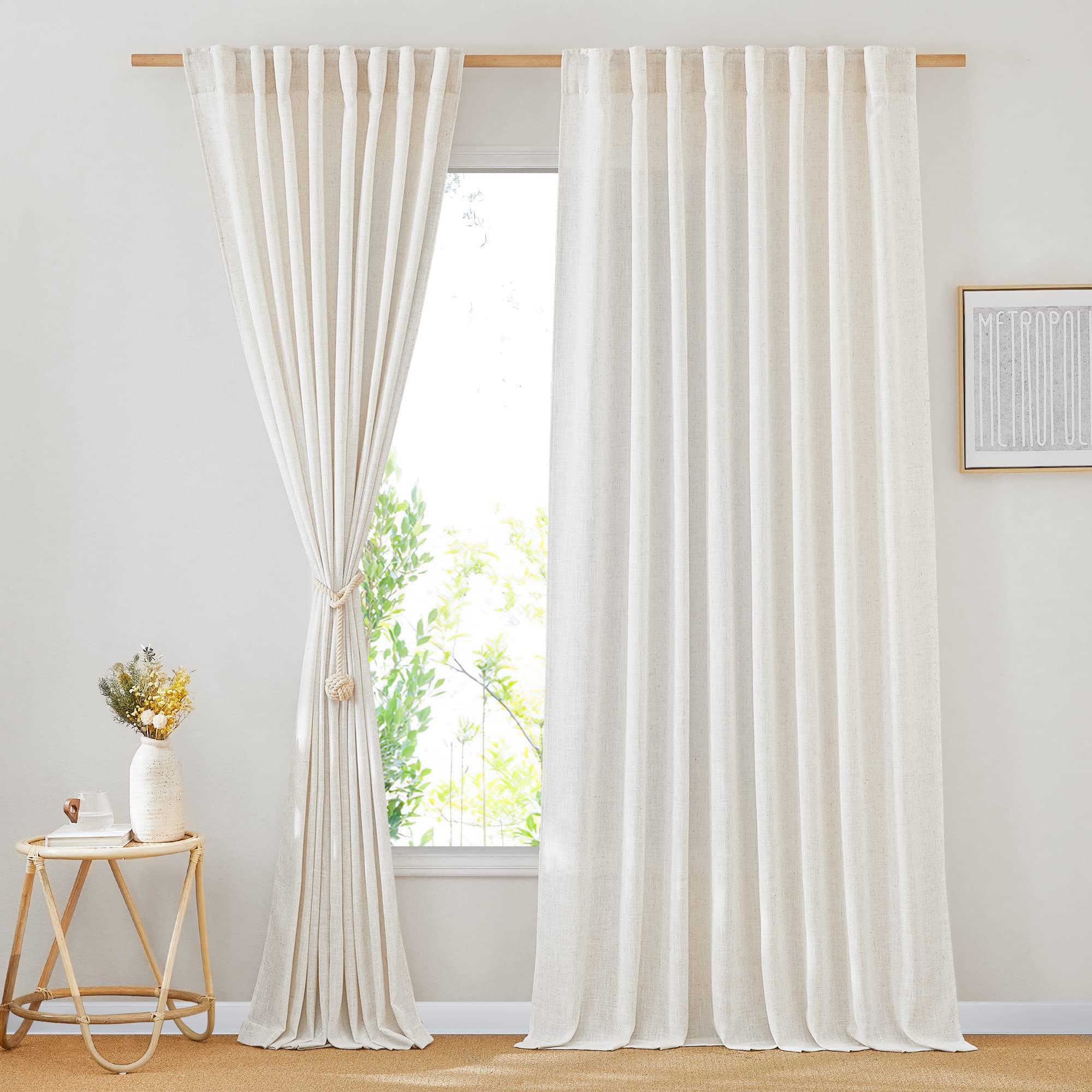 NICETOWN 120 inch Curtains Linen Blend for Bedroom, Rod Pocket & Back Tab Natural Linen Burlap Semi Sheer Window Treatments Privacy with Light Filtering for Living Room, W52 x L120, 2 Panels