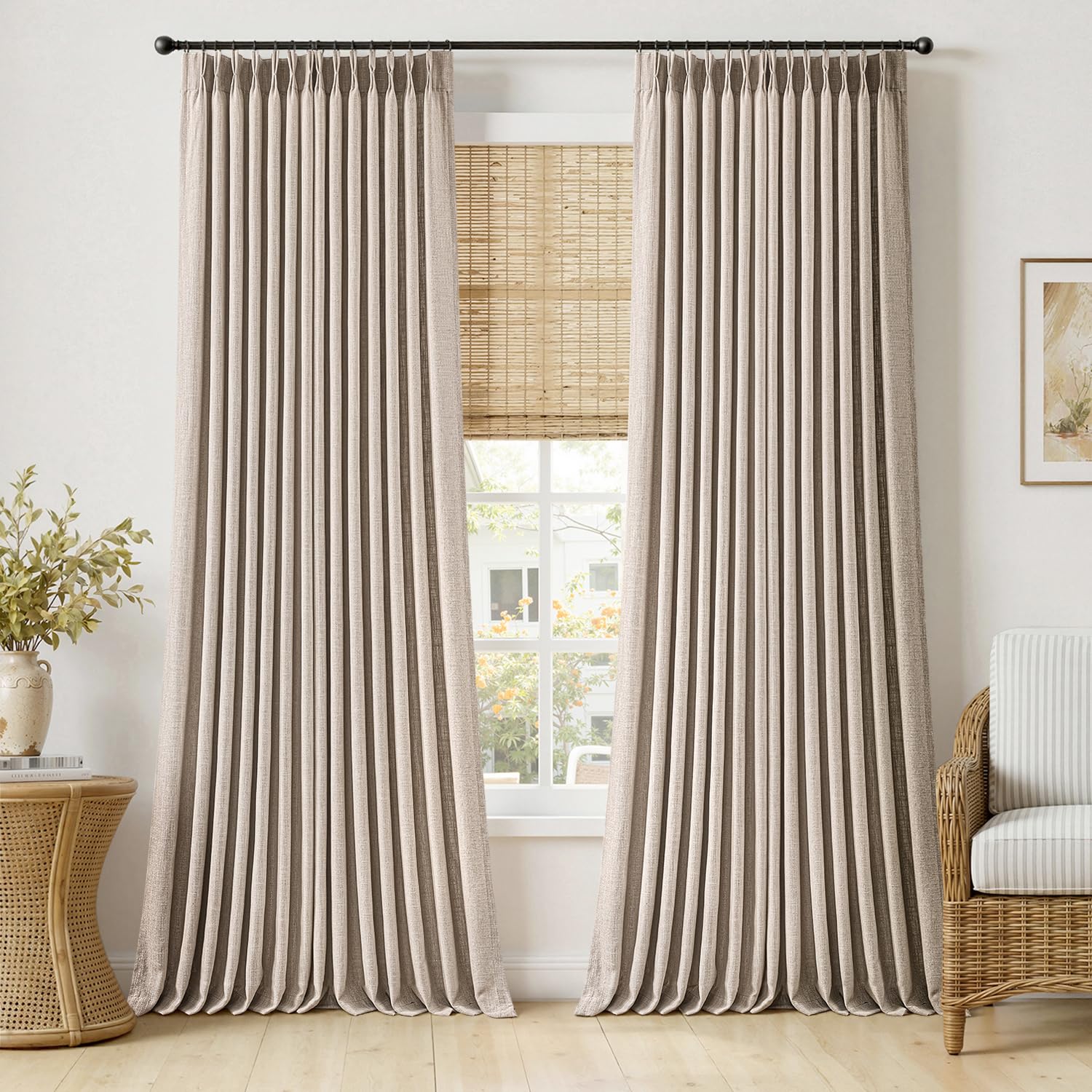 MIULEE Pinch Pleated Thick Linen Curtains 96 Inches Long 2 Panels for Living Room Bedroom, Memory Trained Pleat Drapes Light Filtering Natural Birch Semi Sheer Window Curtains Hooks Rings Back Tab