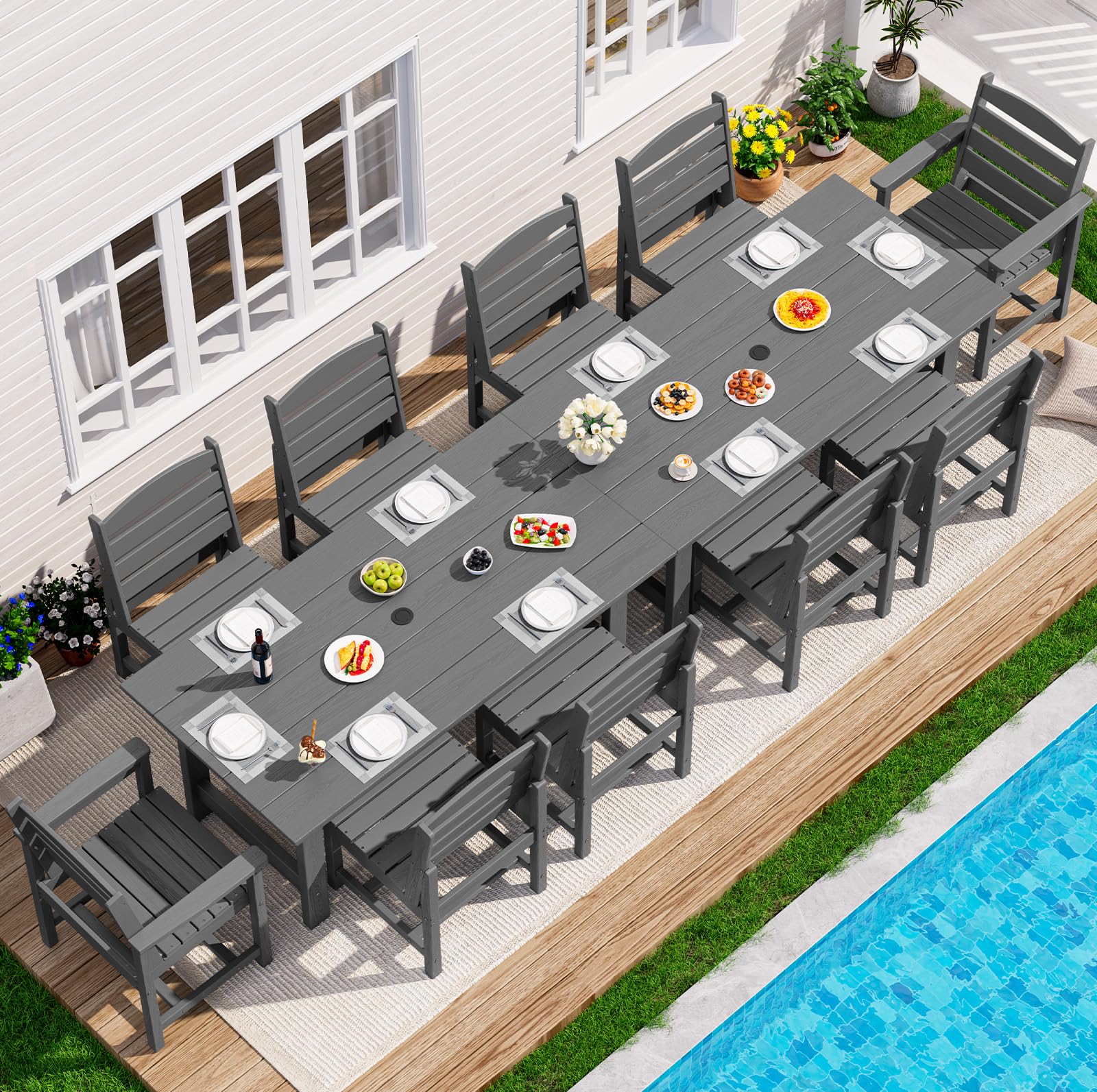 SERWALL Patio Dining Sets for 6 Person, HDPE Dining Set with 6 Armless Chairs, Black