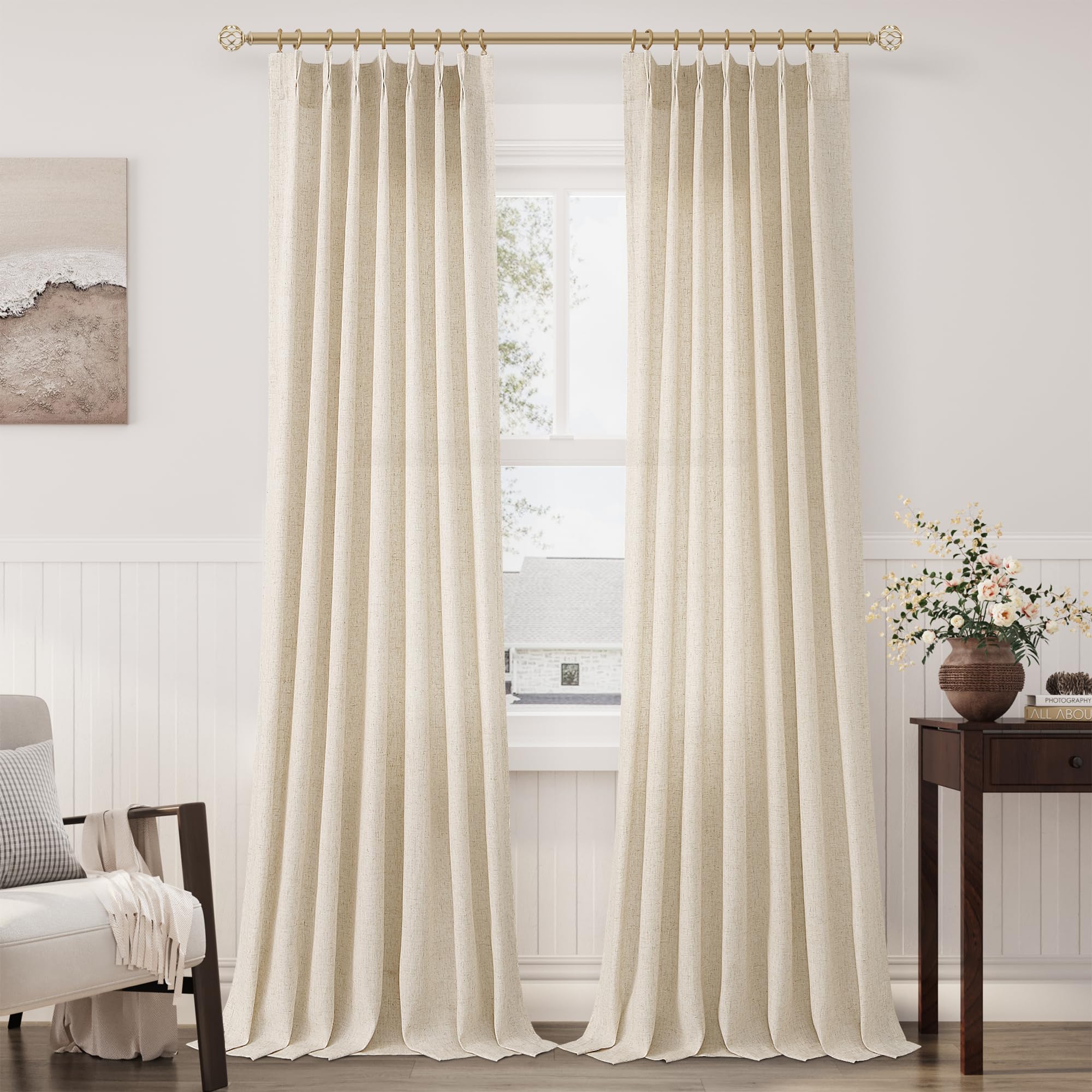 Extra Long Linen Curtains 108 Inch for Living Room Cream Pinch Pleated 9 FT Drapes Semi Sheer Ceiling to Floor Curtain for Bedroom Back Tab Flax Neutral Boho Decor Window, Natural Beige Ivory 2 Panels