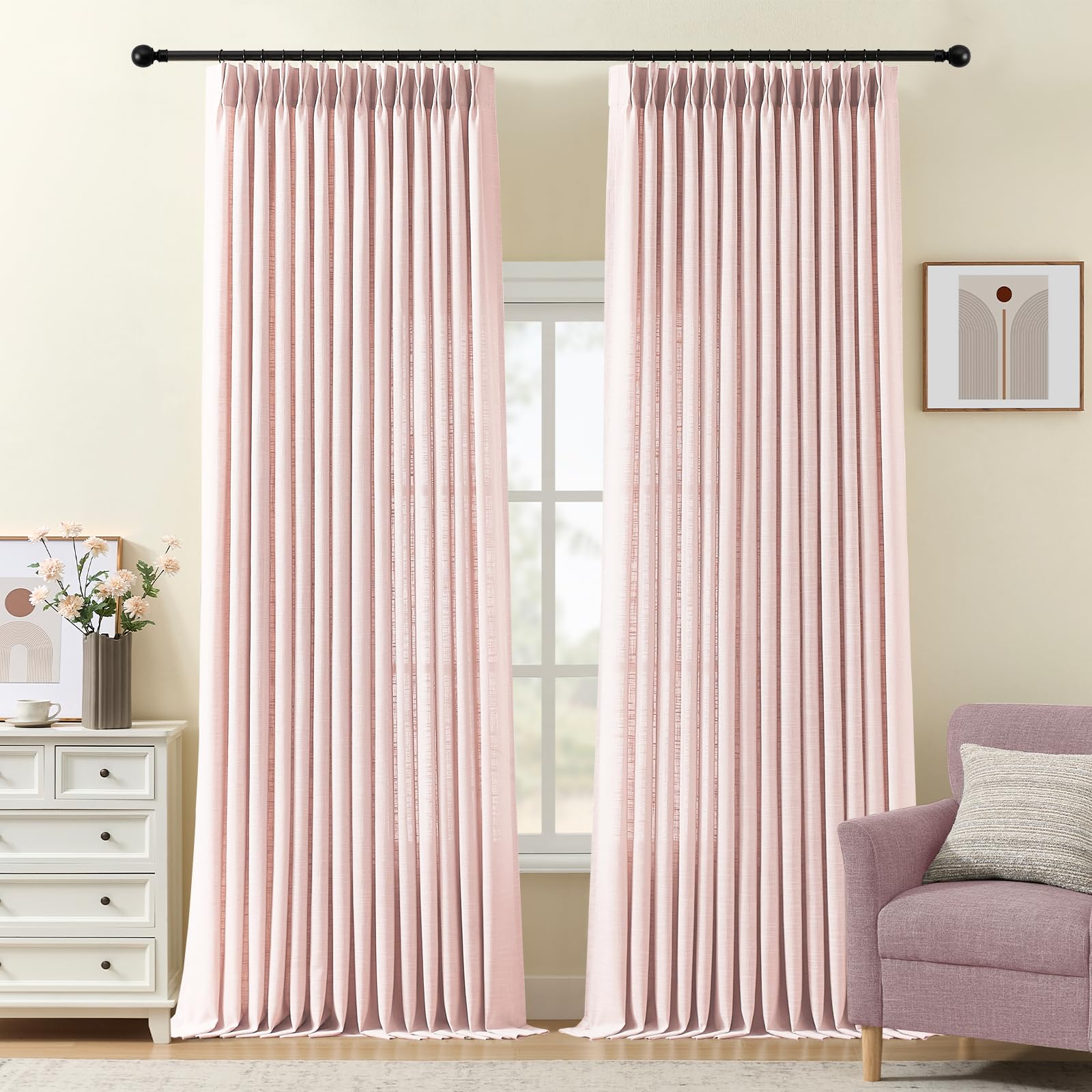 Pinch Pleated Linen Curtains 84 Inch Length 2 Panels Set, Light Filtering Linen Blend Sheer Drapes Memory Trained Pleated Curtain Back Tab with Hooks Rings for Living Room Bedroom, Natural, W40xL84