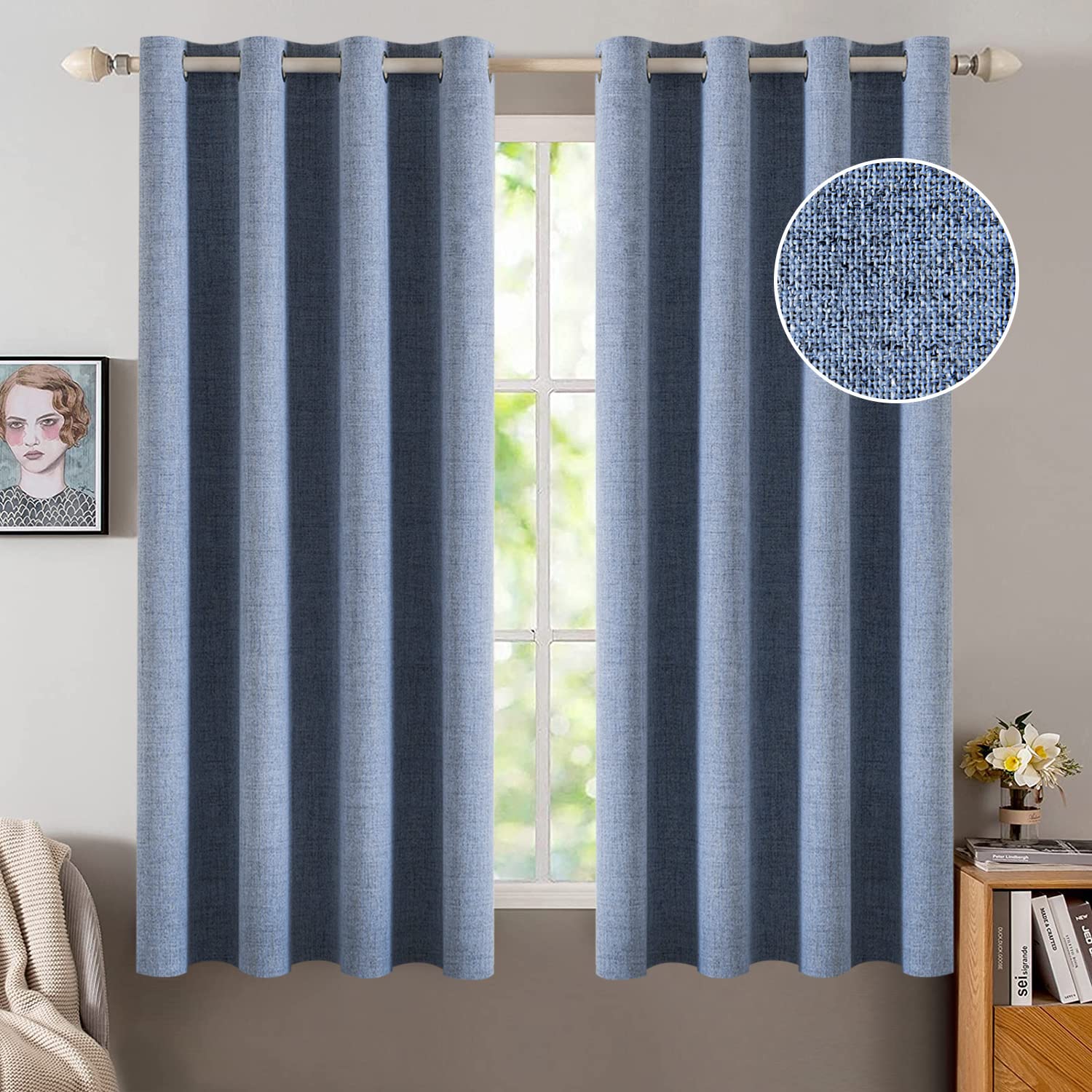 MIULEE Linen Texture Curtains for Bedroom Solid 100% Blackout Thermal Insulated Dusty Blue Curtains Grommet Room Darkening Drapes Luxury Decor for Living Room Nursery 52x84 Inch (2 Panels)