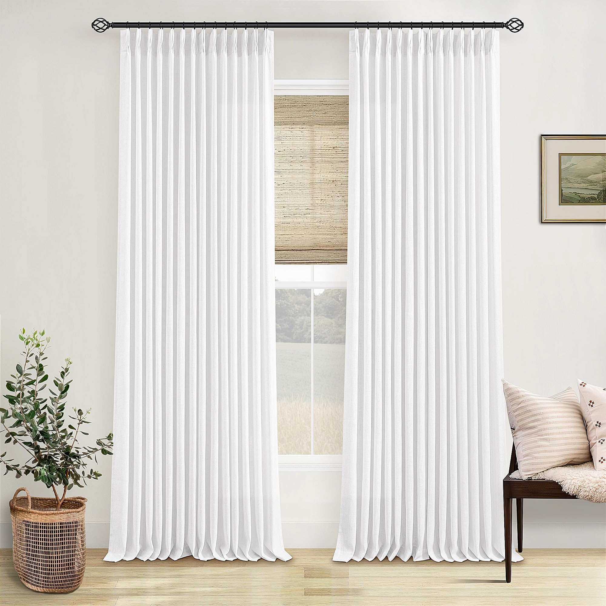 Pinch Pleated Linen Curtains 108 Inches Long for Living Room 2 Panels Set Cream Ivory Flax Double Pleated Drapes Back Tab Neutral Boho Ceiling Floor 108 Inch Window Curtains Bedroom Natural Birch