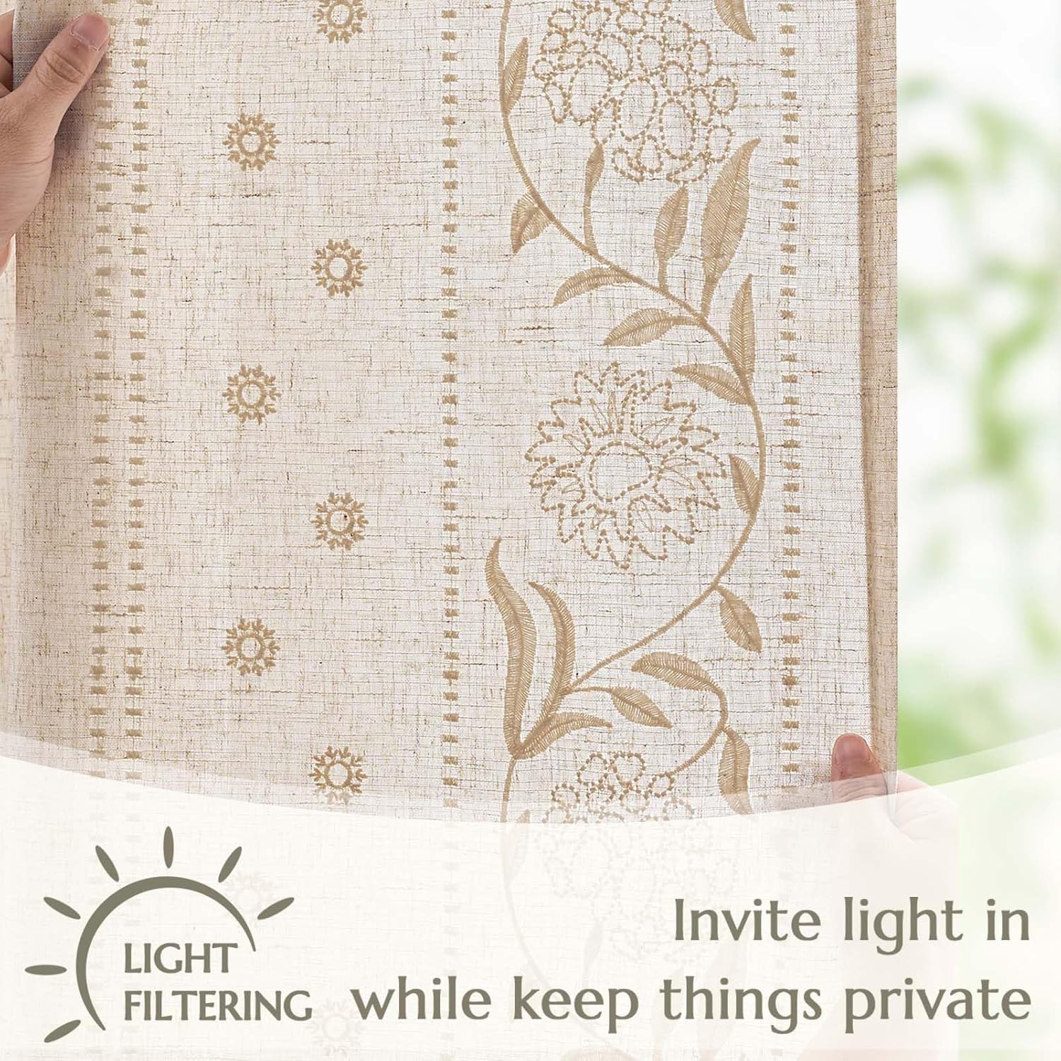 jinchan Winslow Linen Curtains for Bedroom 84 Inches Length Embroidered Bordered Floral Curtains for Living Room Farmhouse Decor Light Filtering Window Treatments Ivory on Beige Drapes 2 Panels