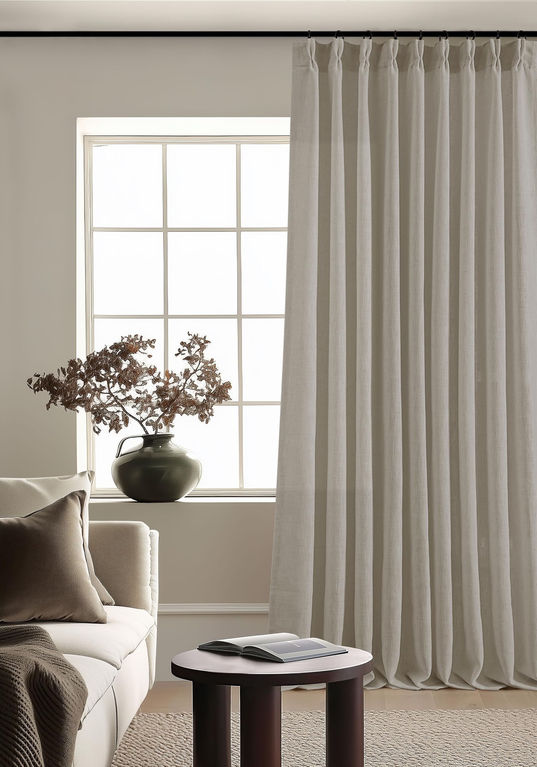 Pinch Pleated Linen Curtains 108 Inches Long for Living Room 2 Panels Set Cream Ivory Flax Double Pleated Drapes Back Tab Neutral Boho Ceiling Floor 108 Inch Window Curtains Bedroom Natural Birch