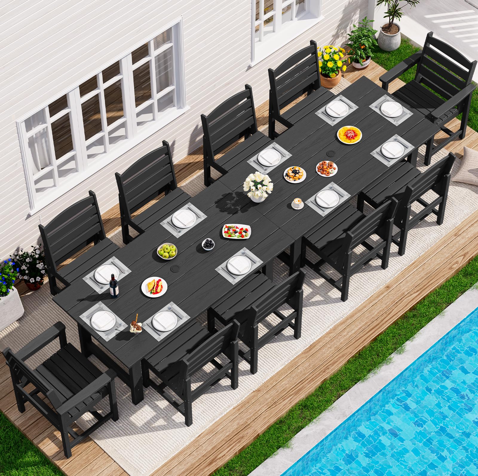 SERWALL Patio Dining Sets for 6 Person, HDPE Dining Set with 6 Armless Chairs, Black