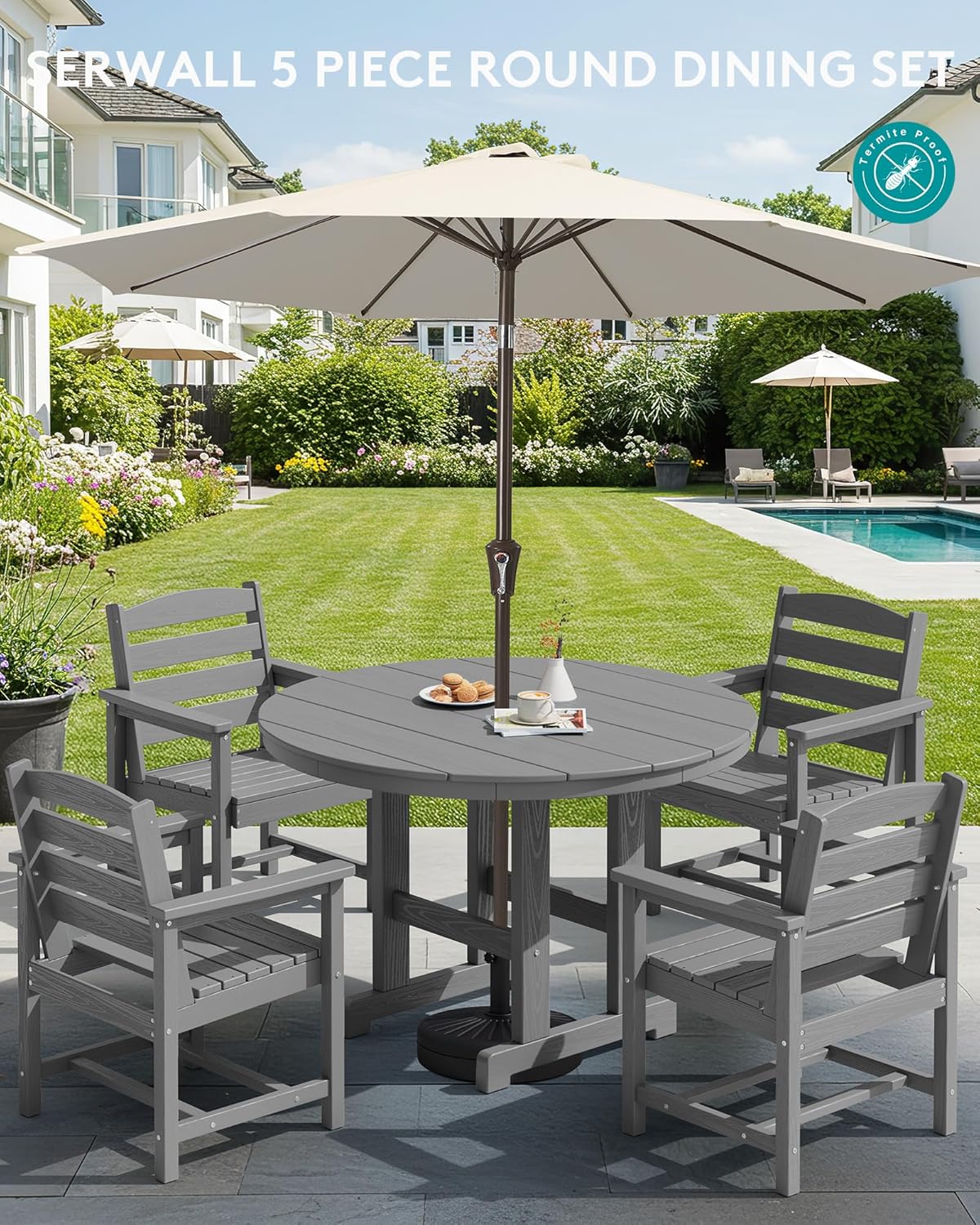 SERWALL 5-Piece Patio Dining Sets, HDPE Outdoor Table and Chairs Furniture Set, 45" Round Dining Table and 4 Dining Chairs, Gray