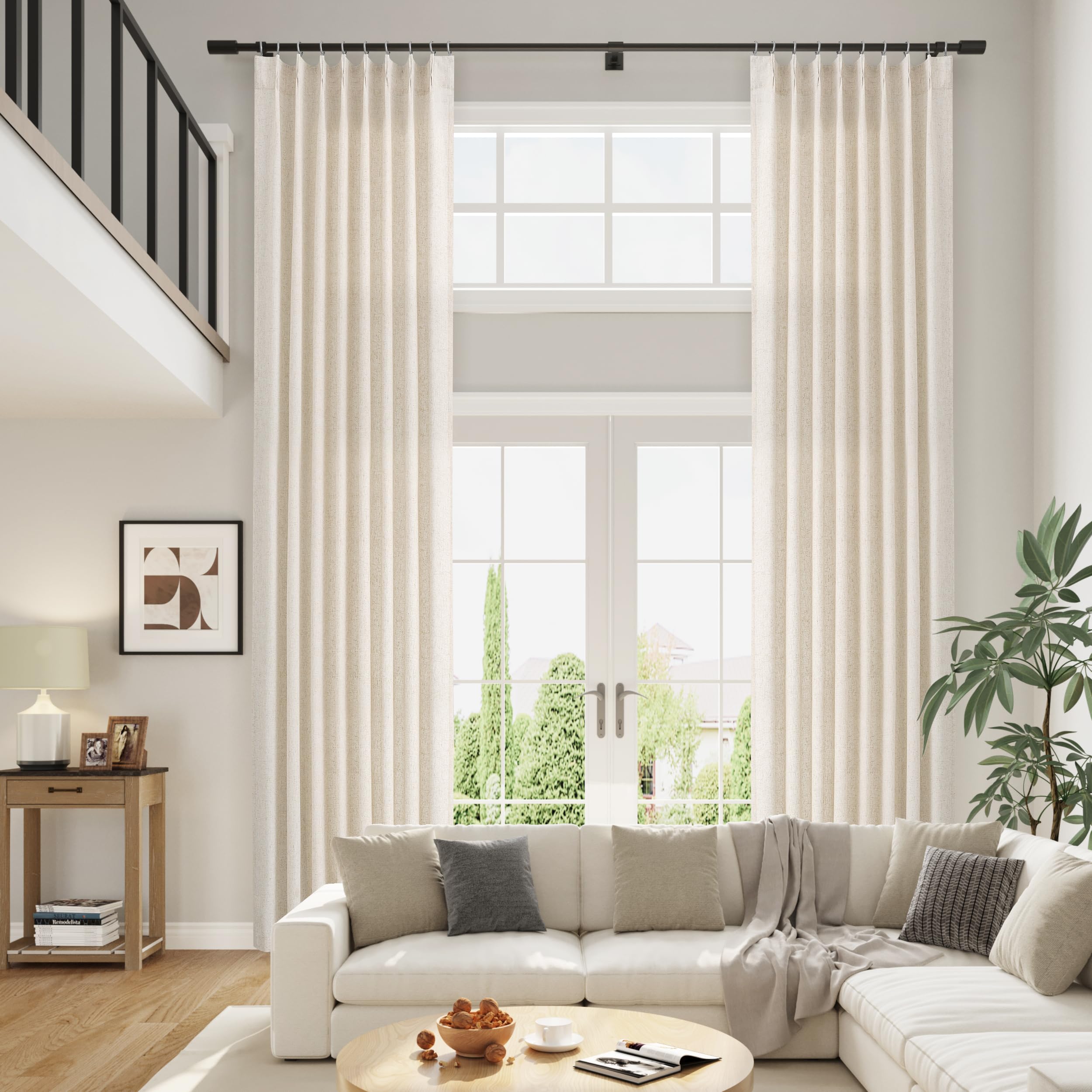 Extra Long Linen Curtains 108 Inch for Living Room Cream Pinch Pleated 9 FT Drapes Semi Sheer Ceiling to Floor Curtain for Bedroom Back Tab Flax Neutral Boho Decor Window, Natural Beige Ivory 2 Panels