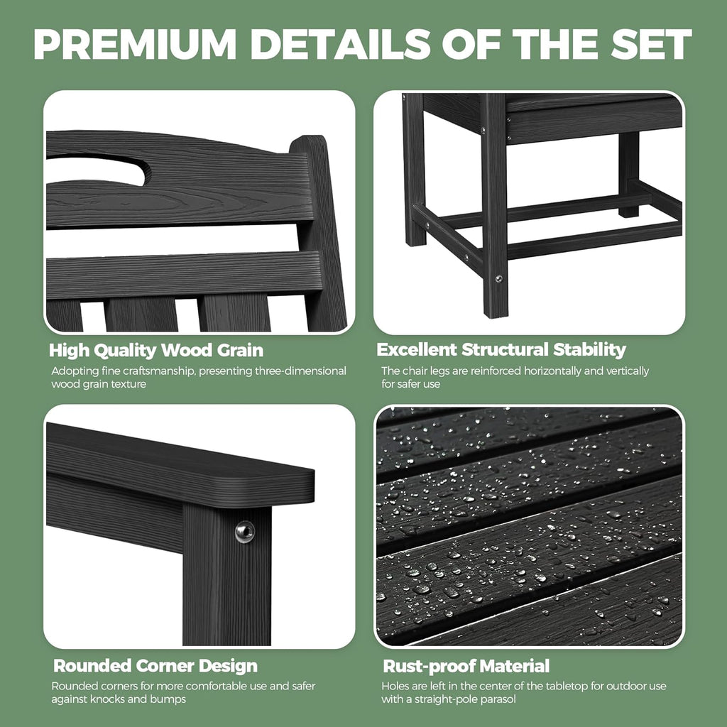 HDPE Outdoor Dining Set, Patio Table and Chairs Set, All-Weather 7-Piece Outside Table and 6 Chairs, 2" Umbrella Hole, Outdoor Furniture for Garden, Poolside, Backyard, Deck | Black