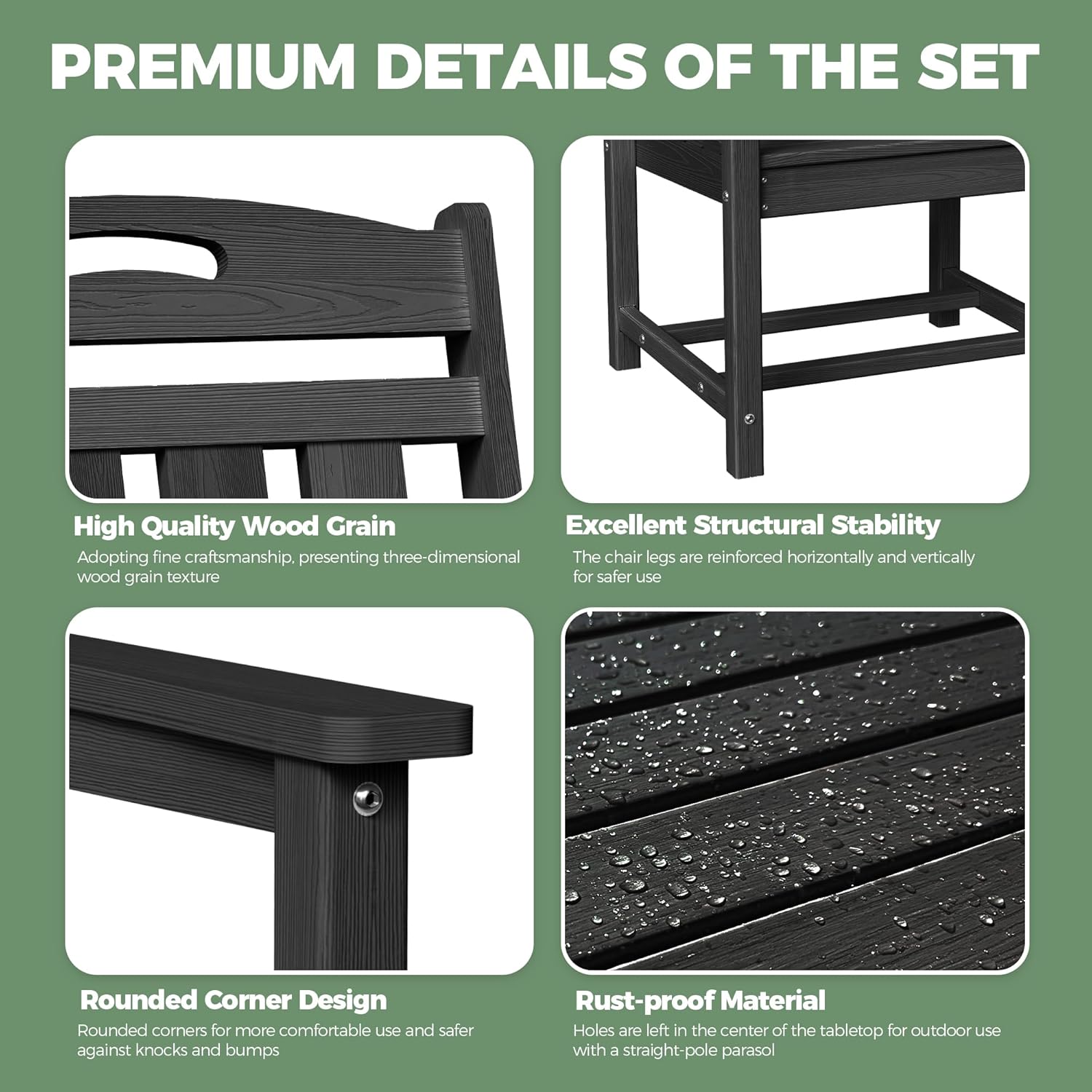 HDPE Outdoor Dining Set, Patio Table and Chairs Set, All-Weather 7-Piece Outside Table and 6 Chairs, 2" Umbrella Hole, Outdoor Furniture for Garden, Poolside, Backyard, Deck | Black