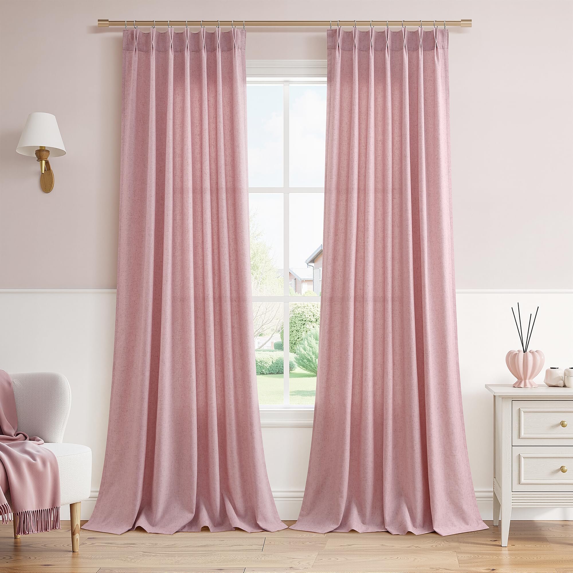 Extra Long Linen Curtains 108 Inch for Living Room Cream Pinch Pleated 9 FT Drapes Semi Sheer Ceiling to Floor Curtain for Bedroom Back Tab Flax Neutral Boho Decor Window, Natural Beige Ivory 2 Panels