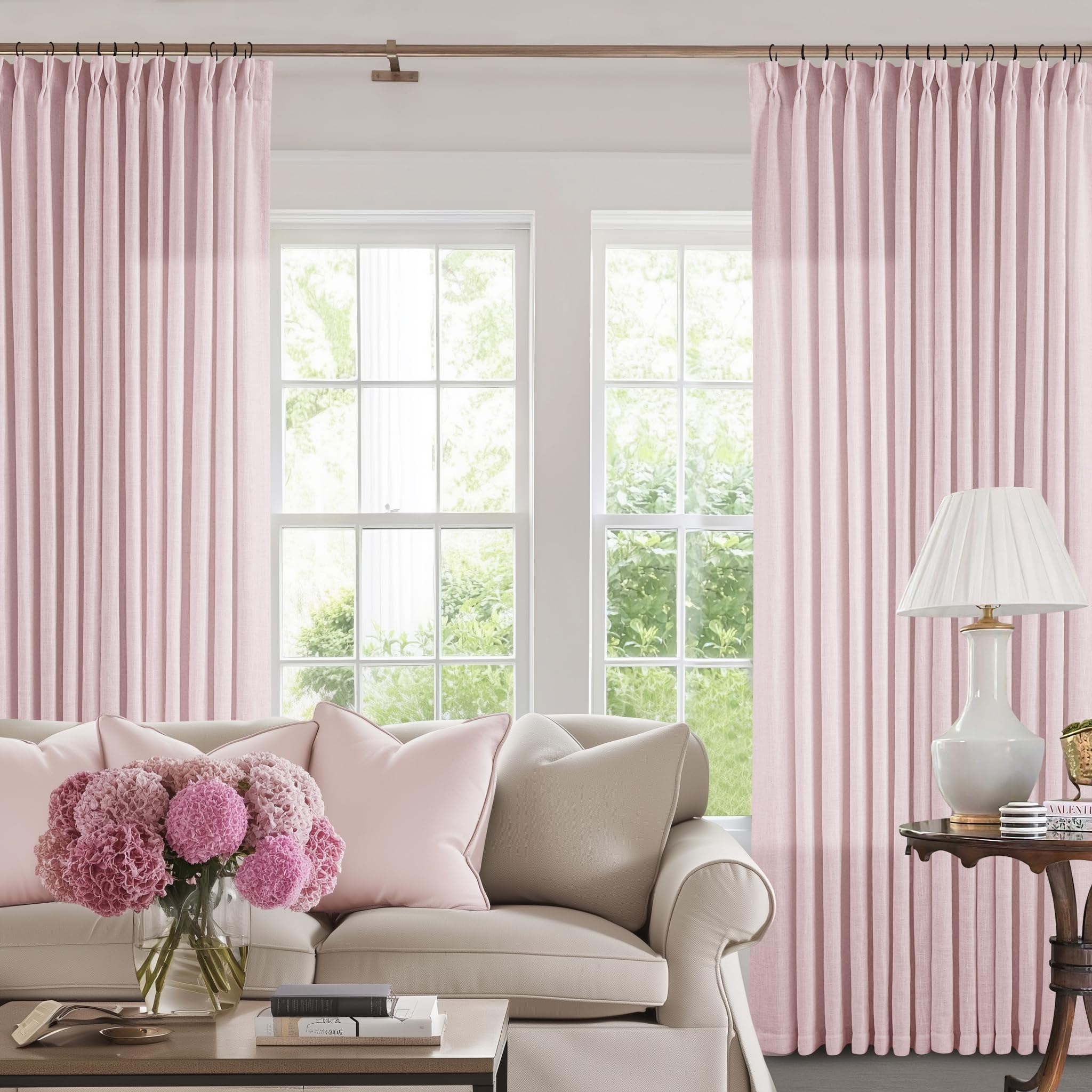 Pinch Pleated Linen Curtains 108 Inches Long for Living Room 2 Panels Set Cream Ivory Flax Double Pleated Drapes Back Tab Neutral Boho Ceiling Floor 108 Inch Window Curtains Bedroom Natural Birch