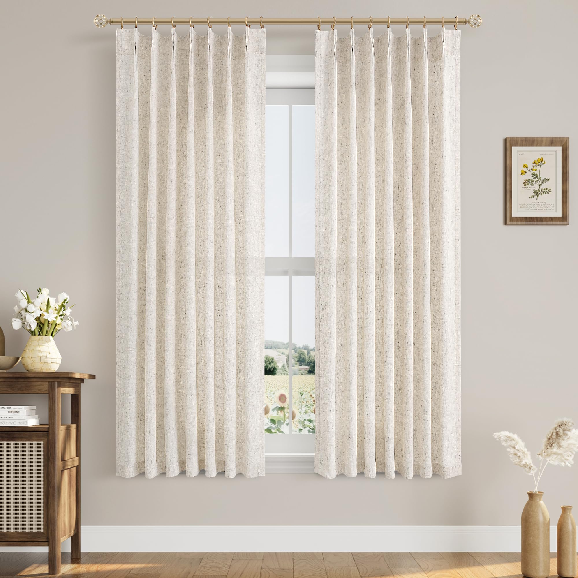 Extra Long Linen Curtains 108 Inch for Living Room Cream Pinch Pleated 9 FT Drapes Semi Sheer Ceiling to Floor Curtain for Bedroom Back Tab Flax Neutral Boho Decor Window, Natural Beige Ivory 2 Panels