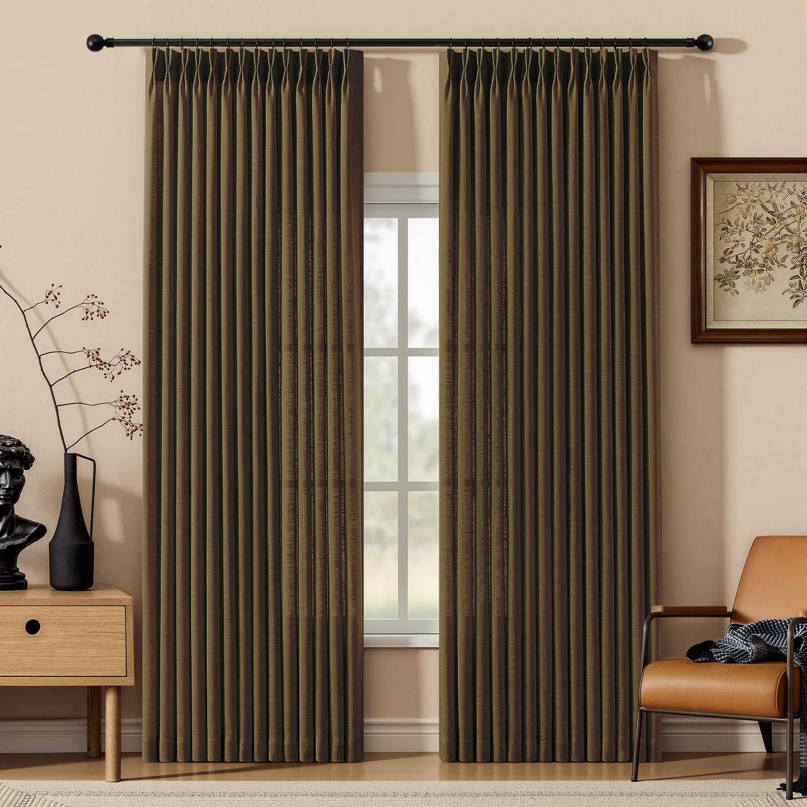 Pinch Pleated Linen Curtains 84 Inch Length 2 Panels Set, Light Filtering Linen Blend Sheer Drapes Memory Trained Pleated Curtain Back Tab with Hooks Rings for Living Room Bedroom, Natural, W40xL84
