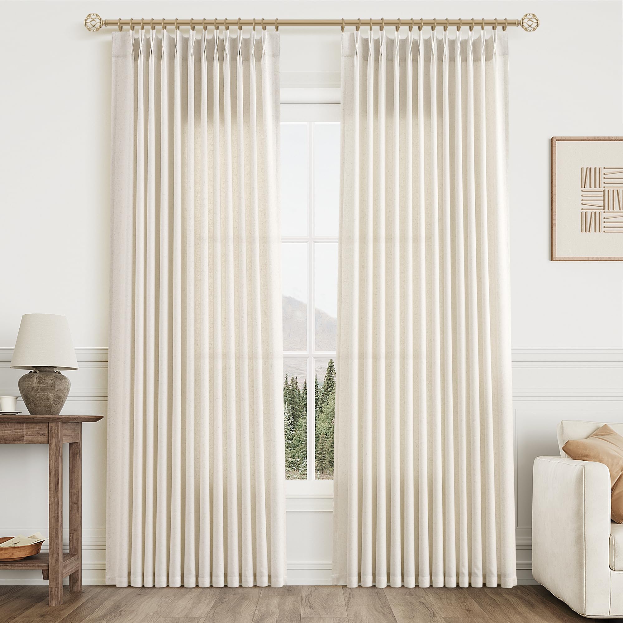 Extra Long Linen Curtains 108 Inch for Living Room Cream Pinch Pleated 9 FT Drapes Semi Sheer Ceiling to Floor Curtain for Bedroom Back Tab Flax Neutral Boho Decor Window, Natural Beige Ivory 2 Panels