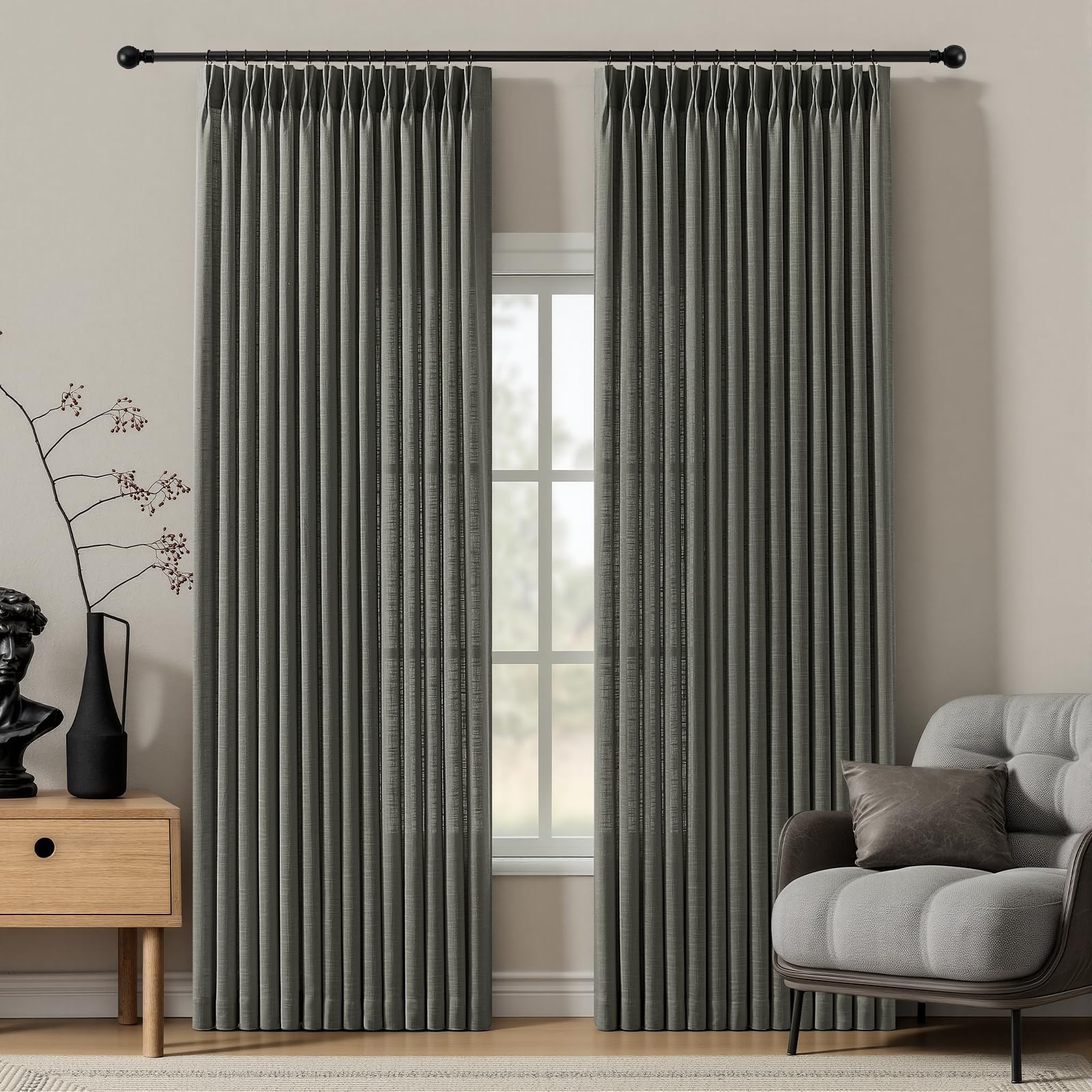 Pinch Pleated Linen Curtains 84 Inch Length 2 Panels Set, Light Filtering Linen Blend Sheer Drapes Memory Trained Pleated Curtain Back Tab with Hooks Rings for Living Room Bedroom, Natural, W40xL84