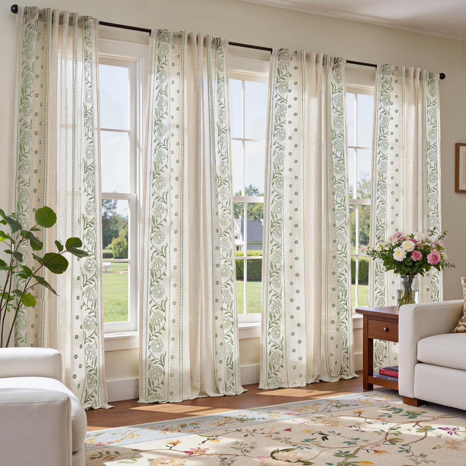 jinchan Winslow Linen Curtains for Bedroom 84 Inches Length Embroidered Bordered Floral Curtains for Living Room Farmhouse Decor Light Filtering Window Treatments Ivory on Beige Drapes 2 Panels